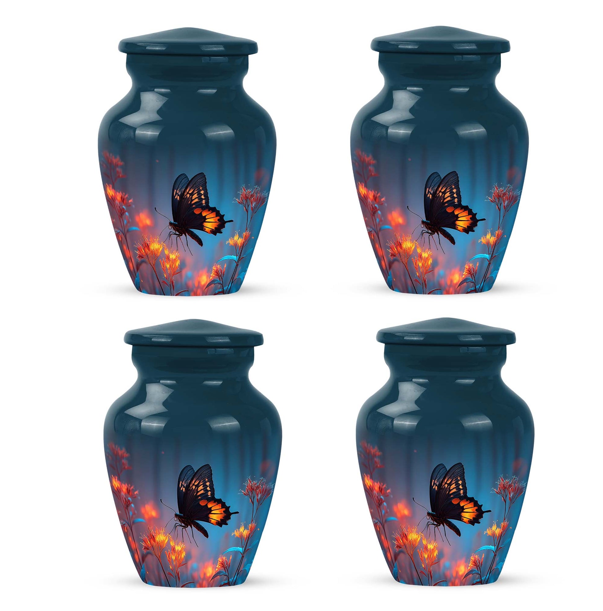 Dusty Blue Butterfly Cremation Urn side profile showing urn shape - timeless butterfly motif etched into premium metal - 10 inch aluminum urn for cremated remains