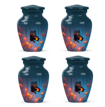 Dusty Blue Butterfly Cremation Urn side profile showing urn shape - timeless butterfly motif etched into premium metal - 10 inch aluminum urn for cremated remains