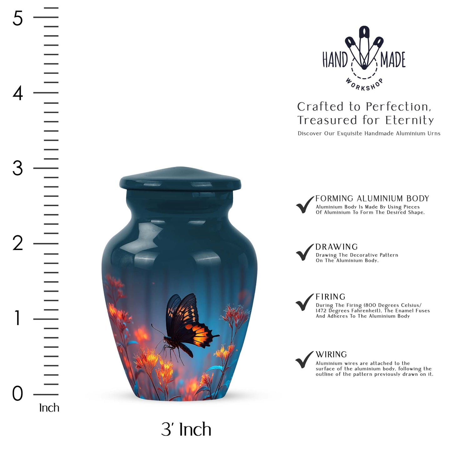 Royal Blue Butterfly Cremation Urn close-up of engraving and surface detail - elegant classic butterfly relief with fine detailing - mini keepsake memorial for portion of cremation ashes