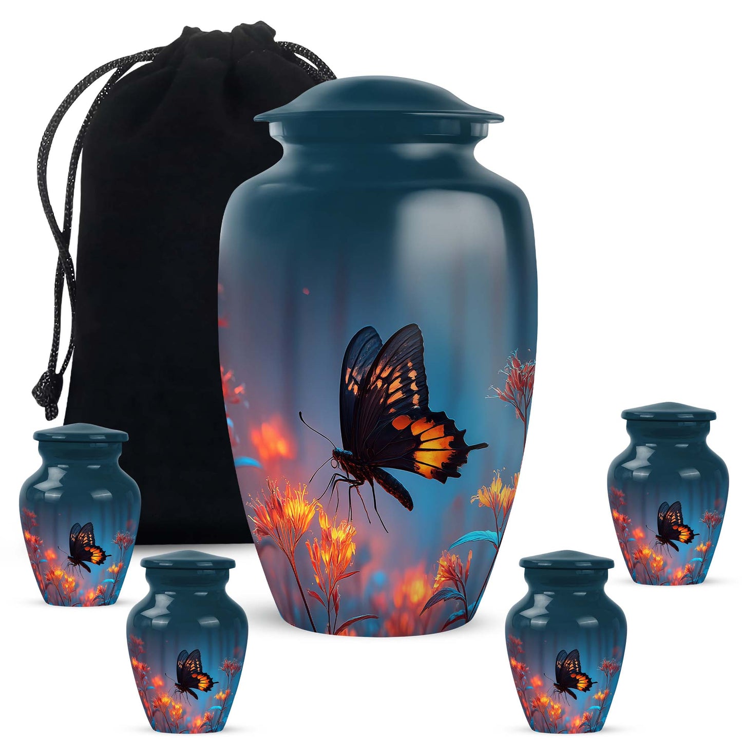 Bright Blue Butterfly Cremation Urn top-down view of secure threaded lid - elegant classic butterfly relief with fine detailing - memorial set with one large and four small urns