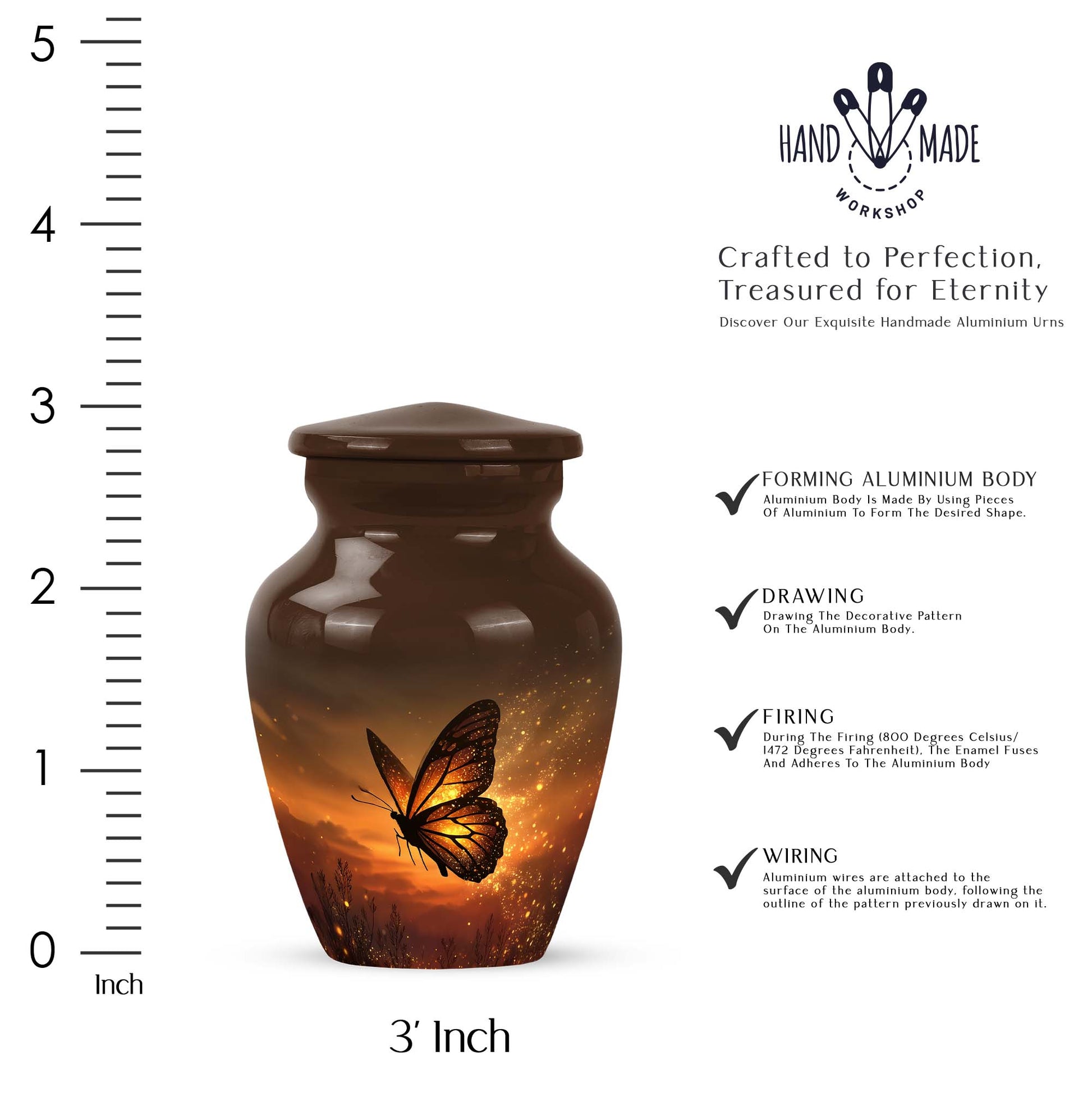 Harvest Gold Butterfly Cremation Urn close-up of engraving and surface detail - elegant classic butterfly relief with fine detailing - mini keepsake memorial for portion of cremation ashes