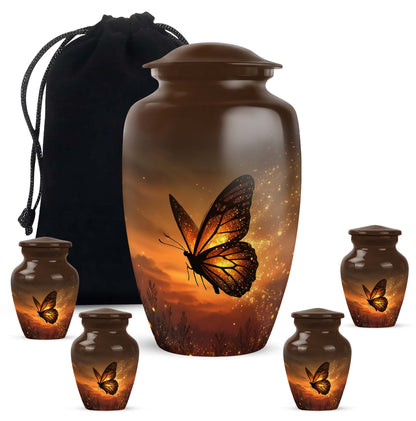 Harvest Gold Butterfly Cremation Urn top-down view of secure threaded lid - traditional butterfly engraving with hand-polished finish - memorial set with one large and four small urns