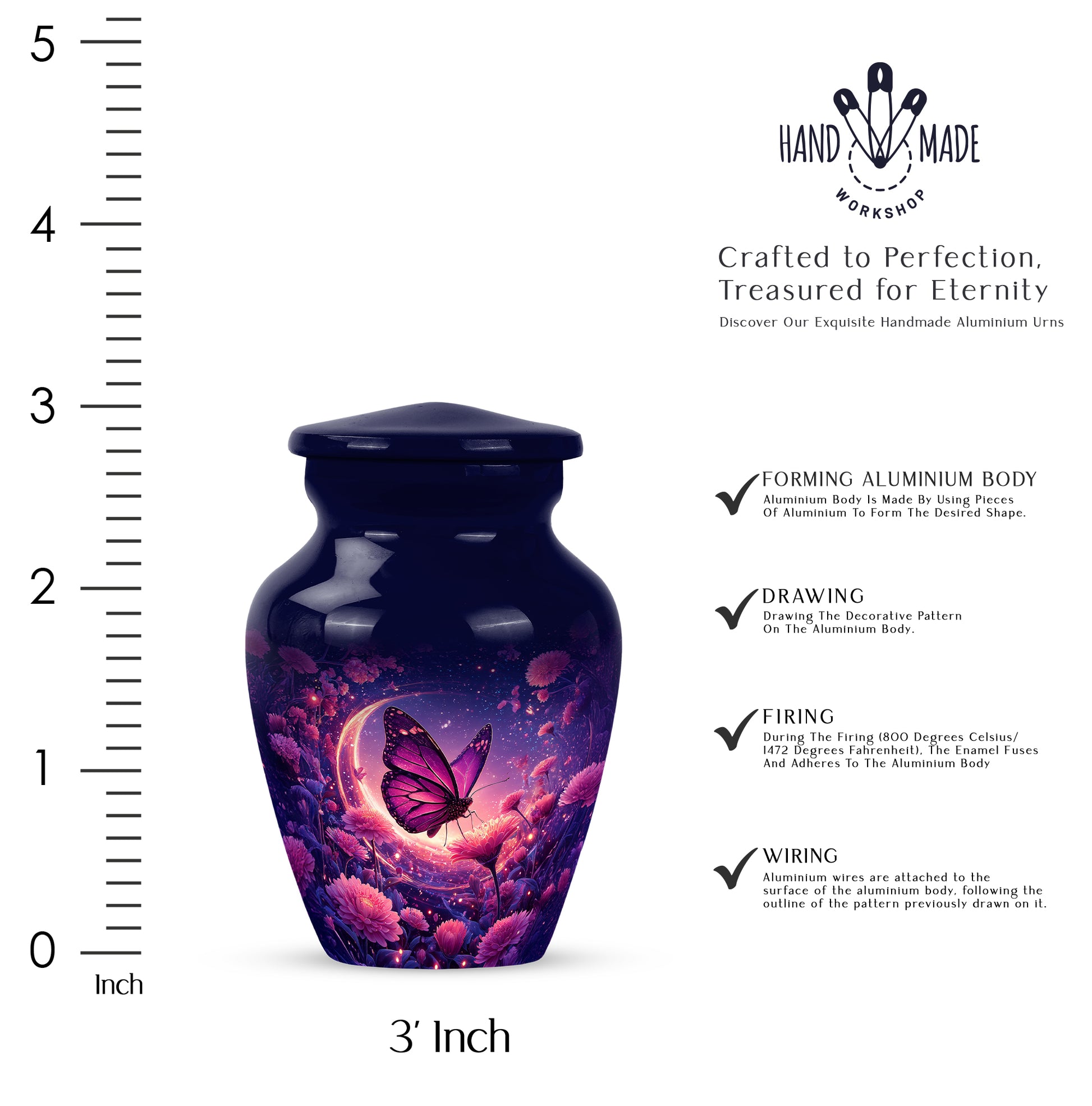 Dusty Blue Butterfly Cremation Urn close-up of engraving and surface detail - classic sculpted butterfly pattern on smooth aluminum - mini keepsake memorial for portion of cremation ashes