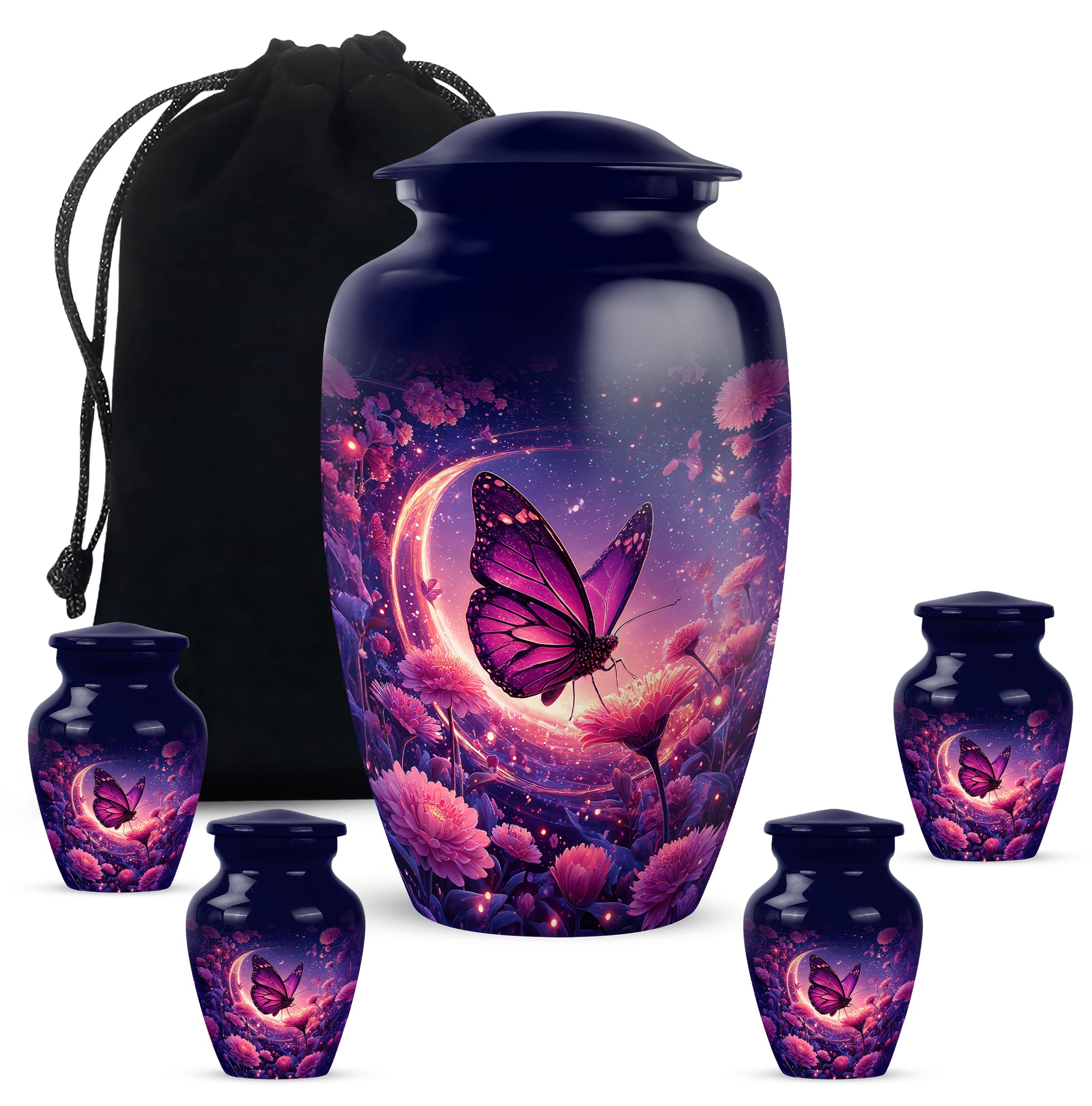 Serene Blue Butterfly Cremation Urn top-down view of secure threaded lid - traditional butterfly engraving with hand-polished finish - memorial set with one large and four small urns