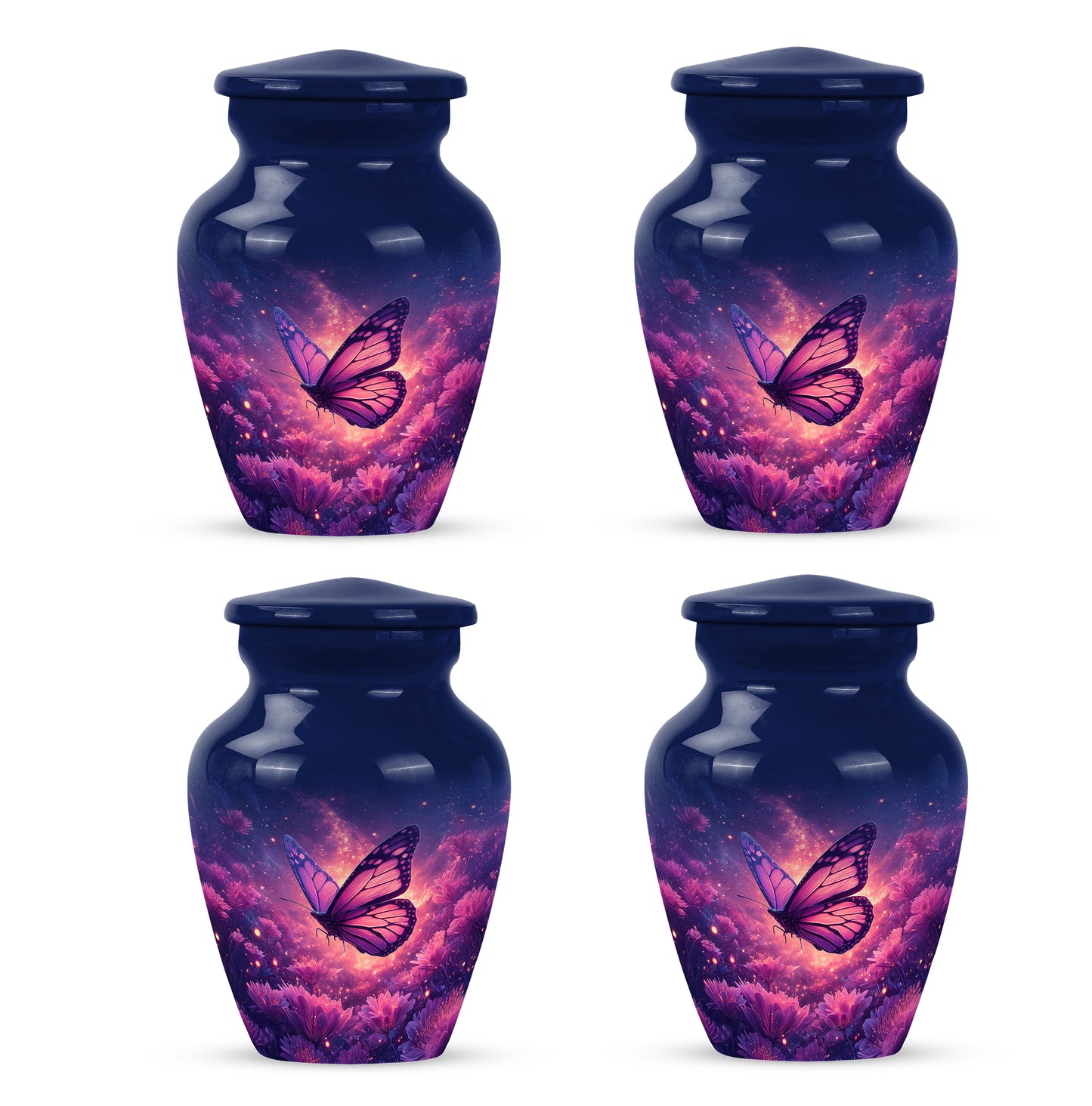 Slate Blue Butterfly Cremation Urn side profile showing urn shape - timeless butterfly motif etched into premium metal - 10 inch aluminum urn for cremated remains