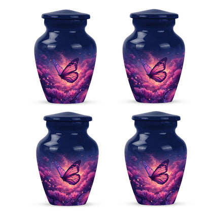 Slate Blue Butterfly Cremation Urn side profile showing urn shape - timeless butterfly motif etched into premium metal - 10 inch aluminum urn for cremated remains