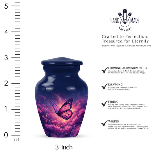 Dusty Blue Butterfly Cremation Urn close-up of engraving and surface detail - timeless butterfly motif etched into premium metal - mini keepsake memorial for portion of cremation ashes
