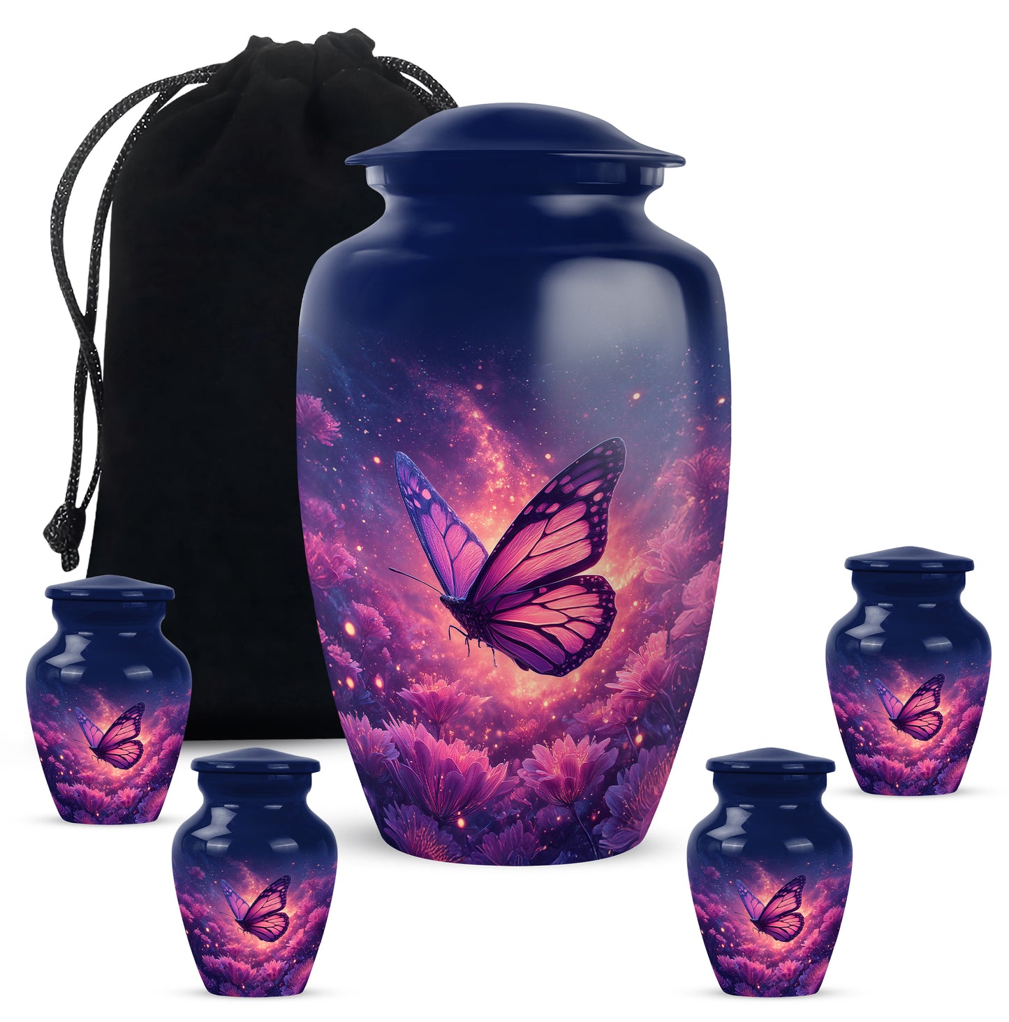 Slate Blue Butterfly Cremation Urn top-down view of secure threaded lid - timeless butterfly motif etched into premium metal - memorial set with one large and four small urns