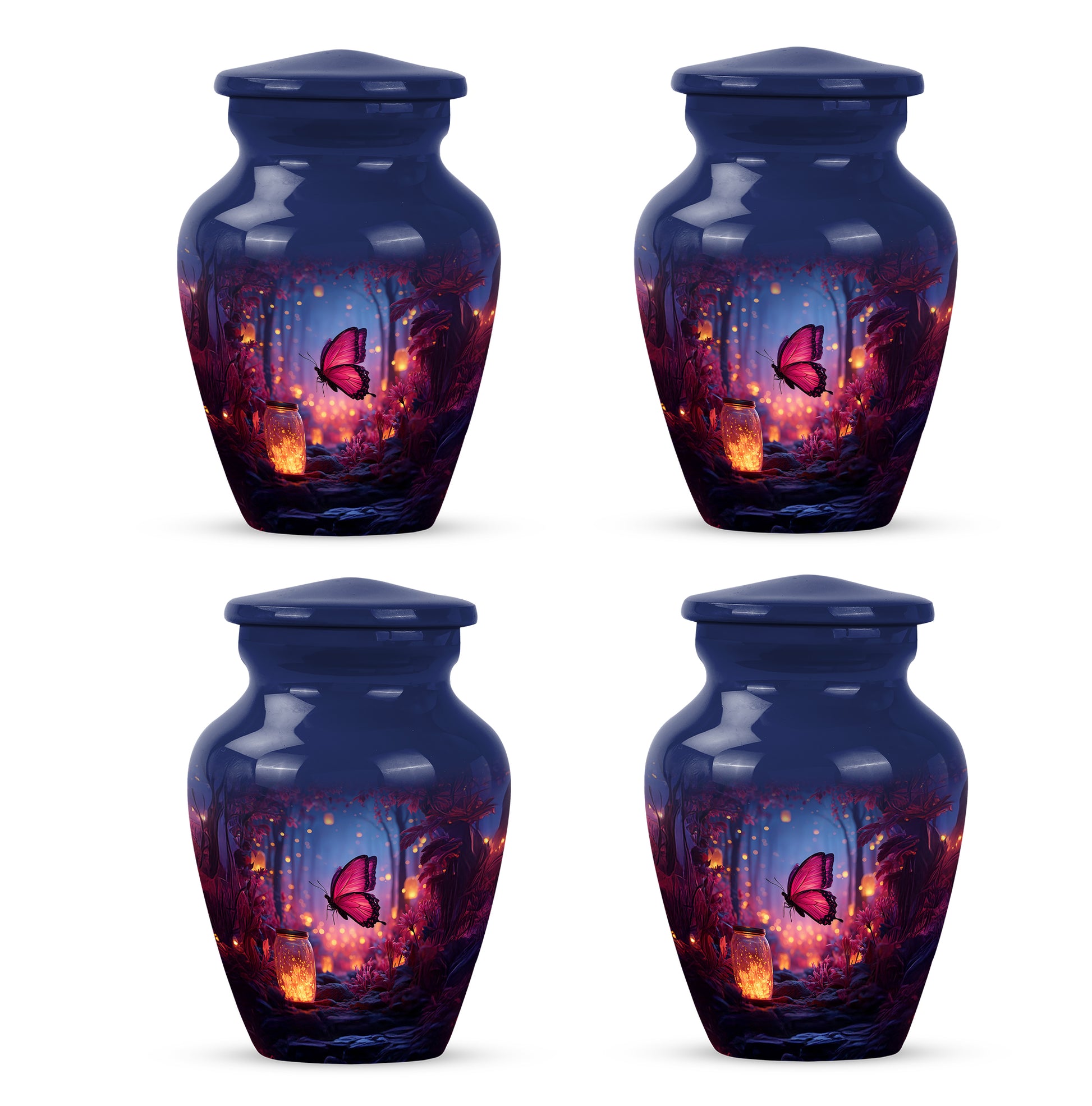 Celestial Blue Butterfly Cremation Urn side profile showing urn shape - classic sculpted butterfly pattern on smooth aluminum - 10 inch aluminum urn for cremated remains
