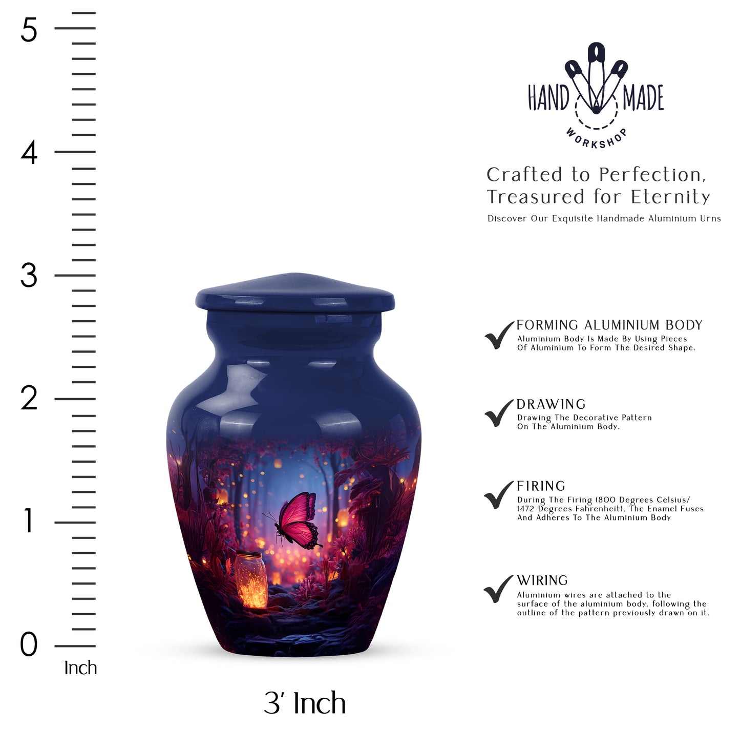 Dusty Blue Butterfly Cremation Urn close-up of engraving and surface detail - timeless butterfly motif etched into premium metal - mini keepsake memorial for portion of cremation ashes