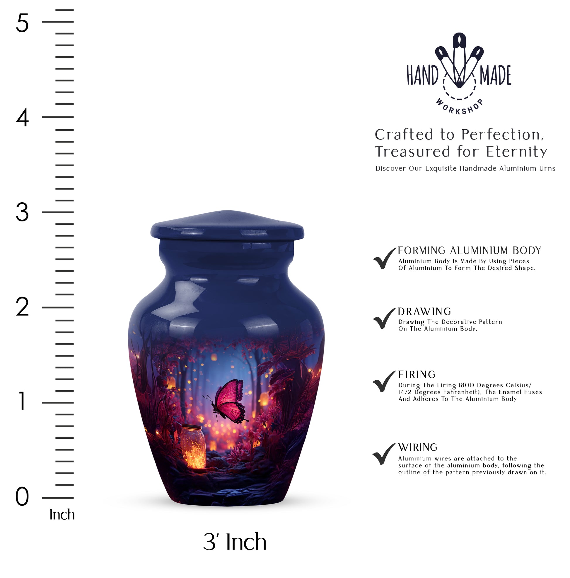 Dusty Blue Butterfly Cremation Urn close-up of engraving and surface detail - timeless butterfly motif etched into premium metal - mini keepsake memorial for portion of cremation ashes