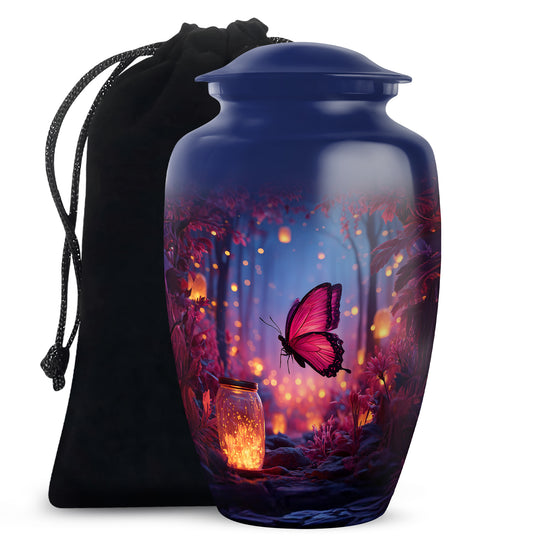 Dusty Blue Butterfly Cremation Urn angled view of lid and engraved motif - classic sculpted butterfly pattern on smooth aluminum - full-size 10 inch 200 cubic inch adult cremation urn
