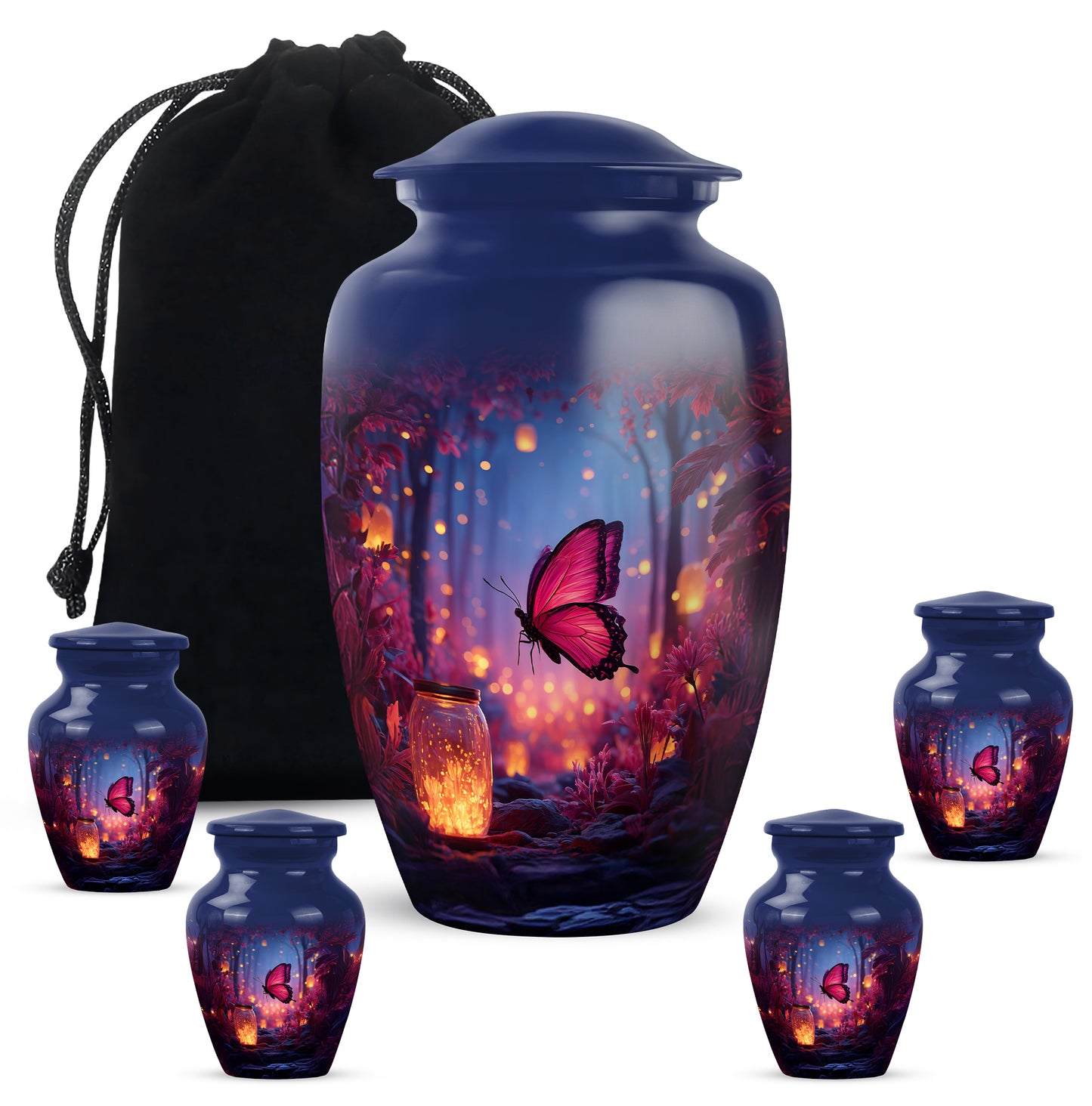 Navy Blue Butterfly Cremation Urn top-down view of secure threaded lid - classic sculpted butterfly pattern on smooth aluminum - memorial set with one large and four small urns