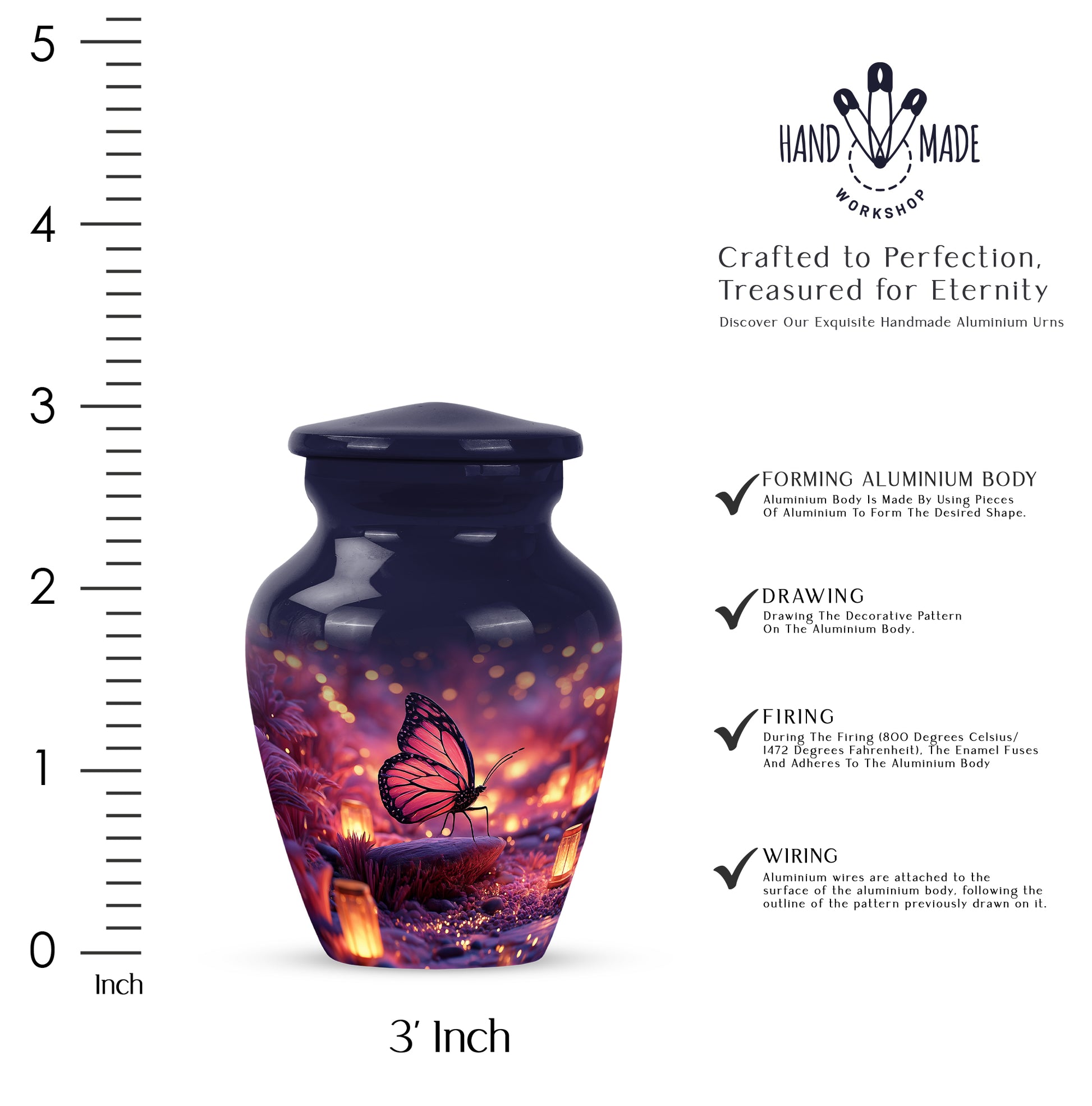 Sapphire Blue Butterfly Cremation Urn close-up of engraving and surface detail - elegant classic butterfly relief with fine detailing - mini keepsake memorial for portion of cremation ashes