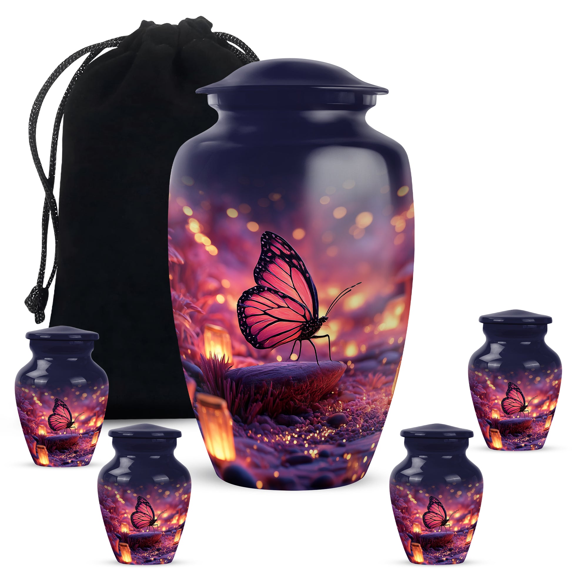 Azure Butterfly Cremation Urn top-down view of secure threaded lid - classic sculpted butterfly pattern on smooth aluminum - memorial set with one large and four small urns