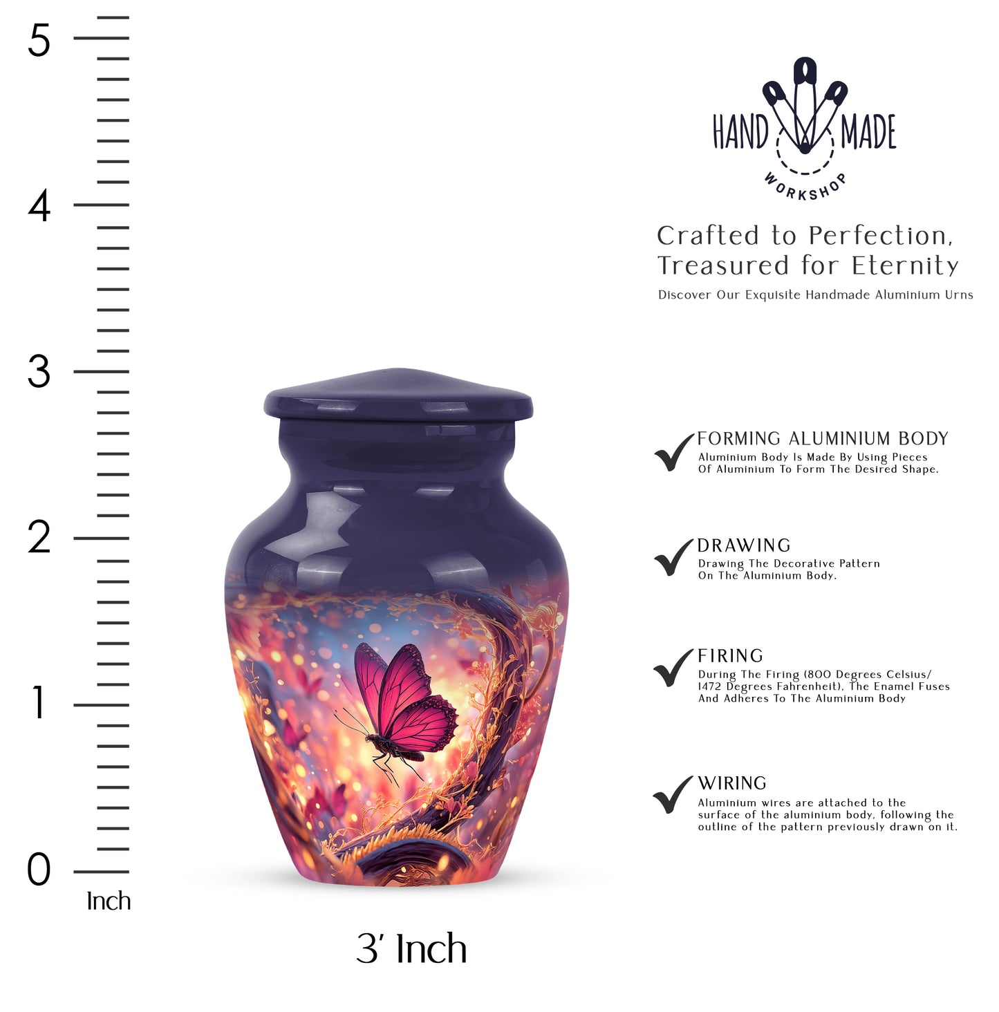 Vivid Blue Butterfly Cremation Urn close-up of engraving and surface detail - elegant classic butterfly relief with fine detailing - mini keepsake memorial for portion of cremation ashes