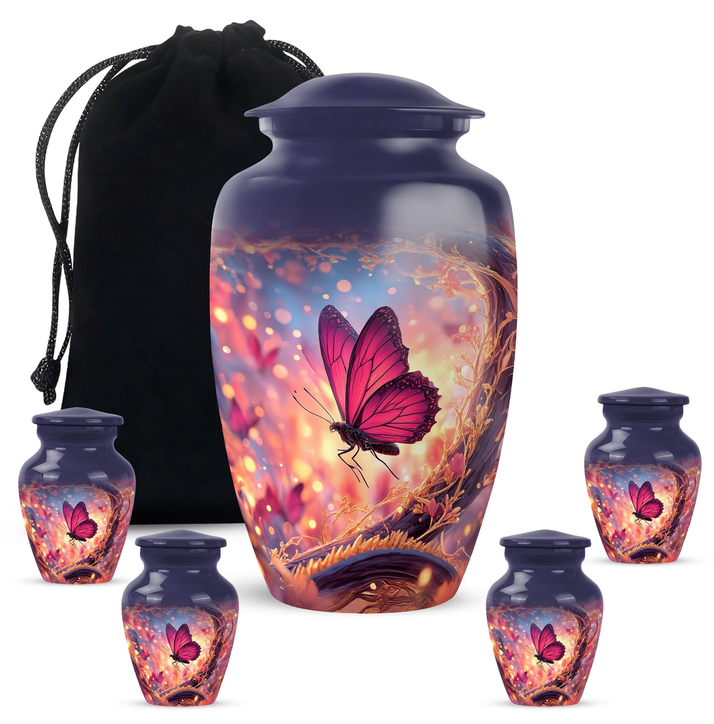 Sky Blue Butterfly Cremation Urn top-down view of secure threaded lid - classic sculpted butterfly pattern on smooth aluminum - memorial set with one large and four small urns