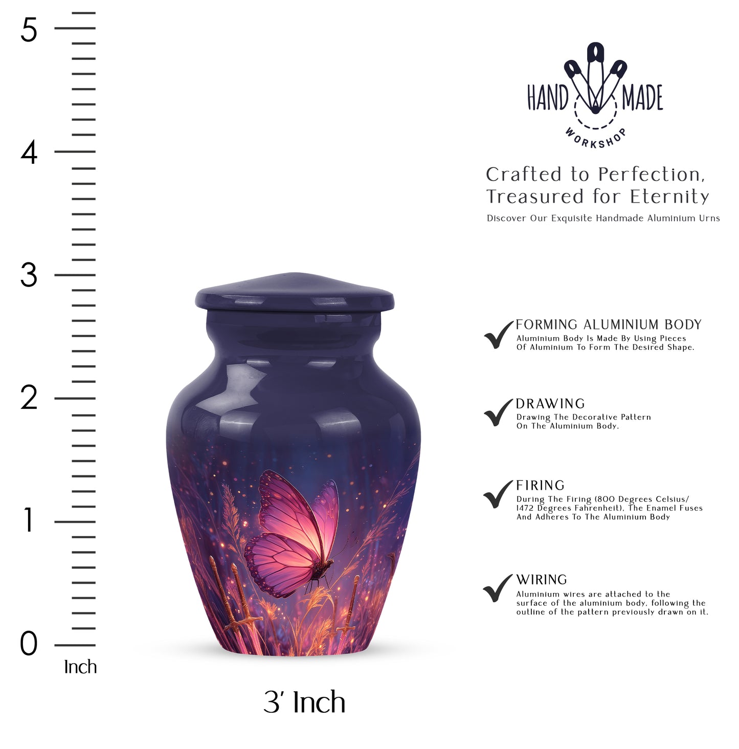 Navy Blue Butterfly Cremation Urn close-up of engraving and surface detail - classic sculpted butterfly pattern on smooth aluminum - mini keepsake memorial for portion of cremation ashes