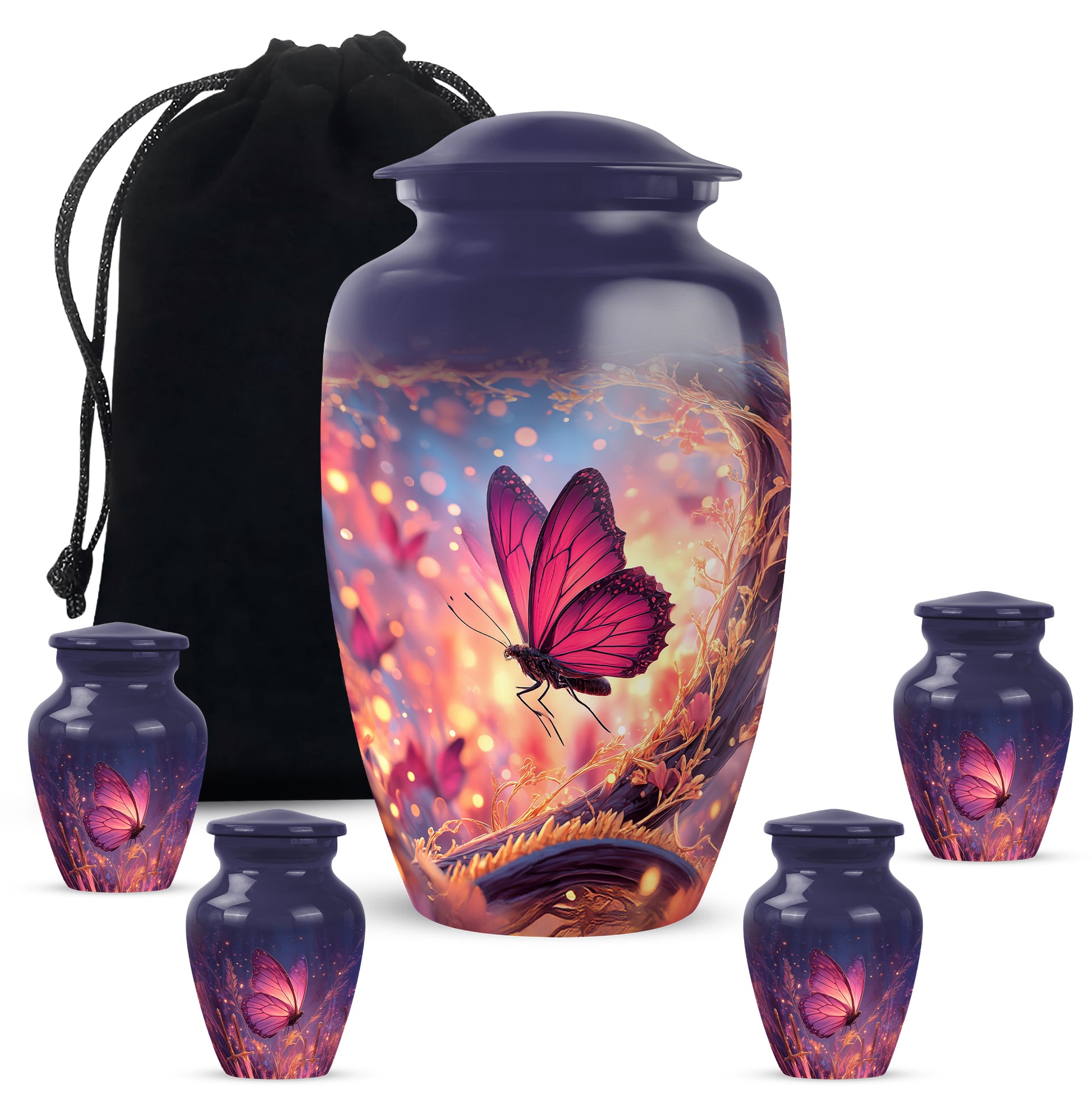 Pastel Blue Butterfly Cremation Urn top-down view of secure threaded lid - classic sculpted butterfly pattern on smooth aluminum - memorial set with one large and four small urns