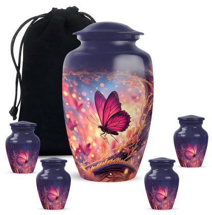 Pastel Blue Butterfly Cremation Urn top-down view of secure threaded lid - classic sculpted butterfly pattern on smooth aluminum - memorial set with one large and four small urns