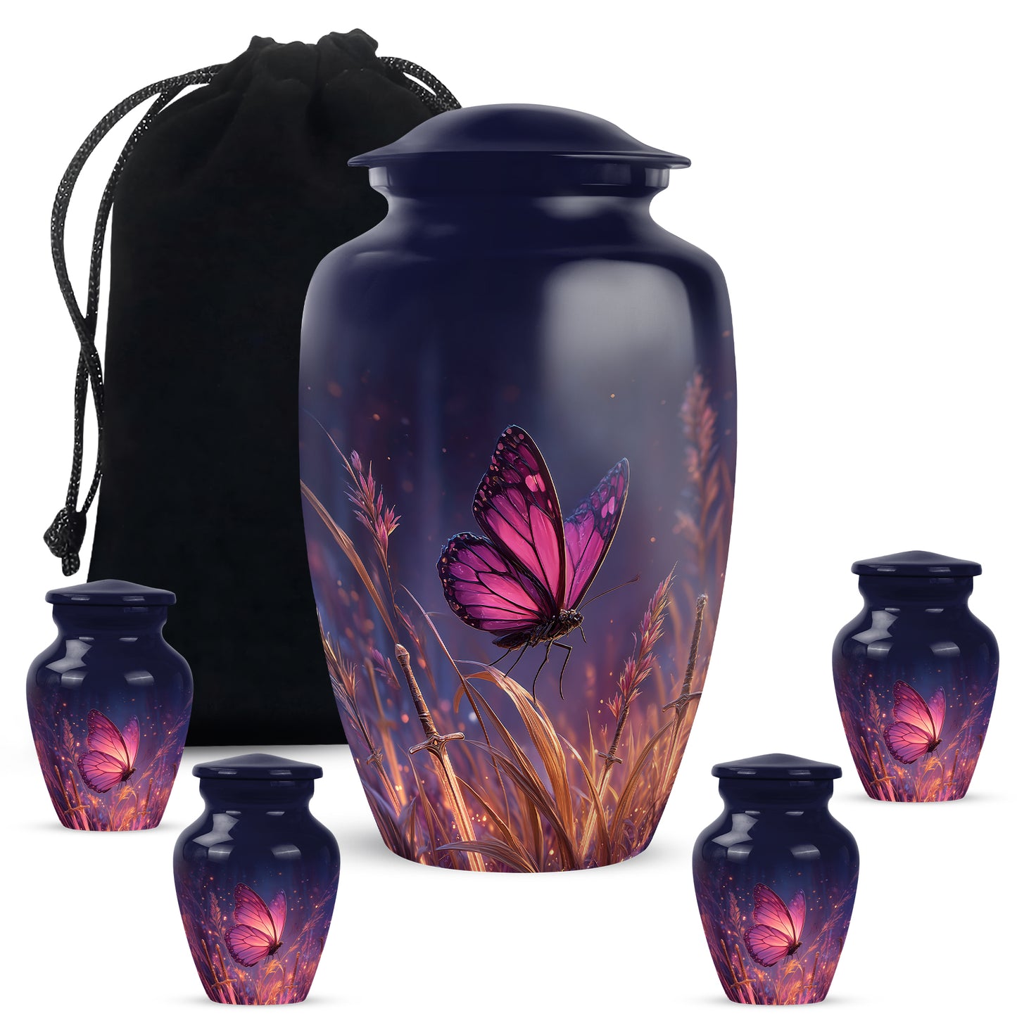 Indigo Butterfly Cremation Urn top-down view of secure threaded lid - timeless butterfly motif etched into premium metal - memorial set with one large and four small urns