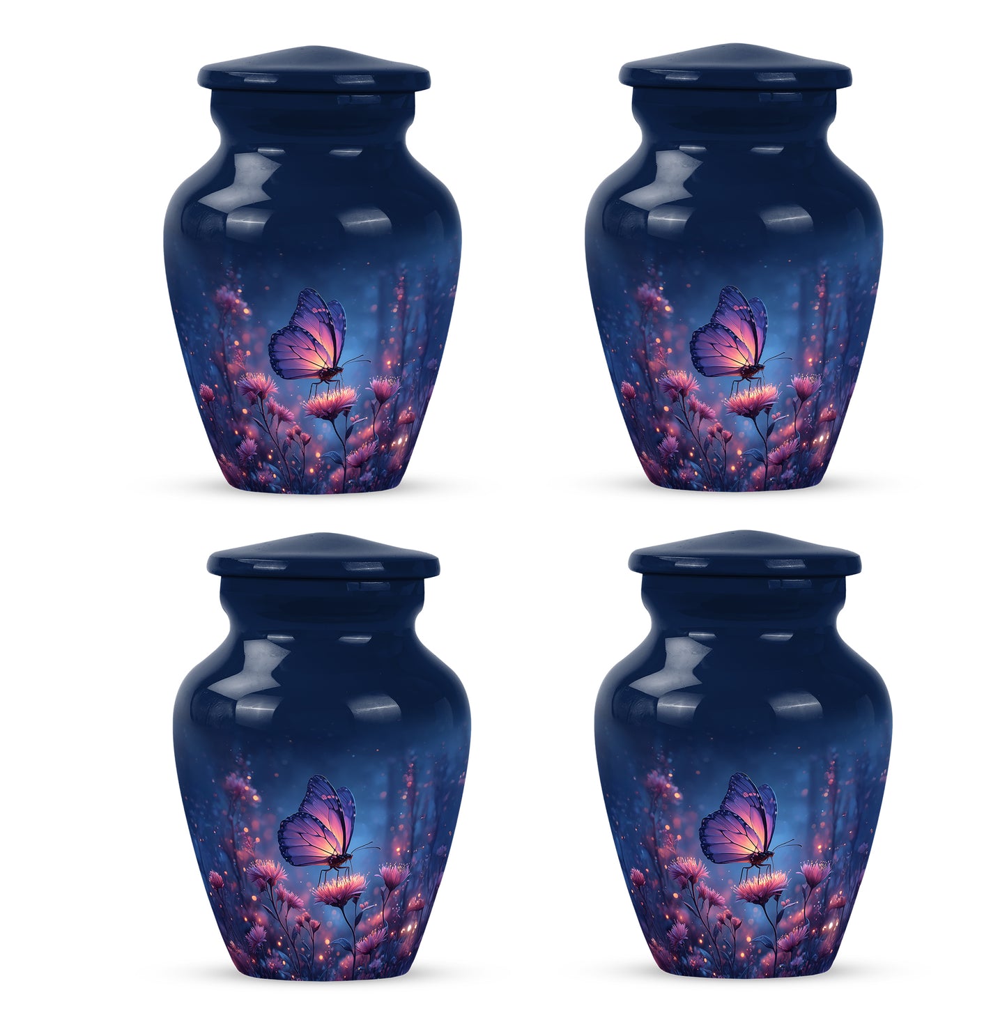 Cobalt Blue Butterfly Cremation Urn side profile showing urn shape - elegant classic butterfly relief with fine detailing - 10 inch aluminum urn for cremated remains