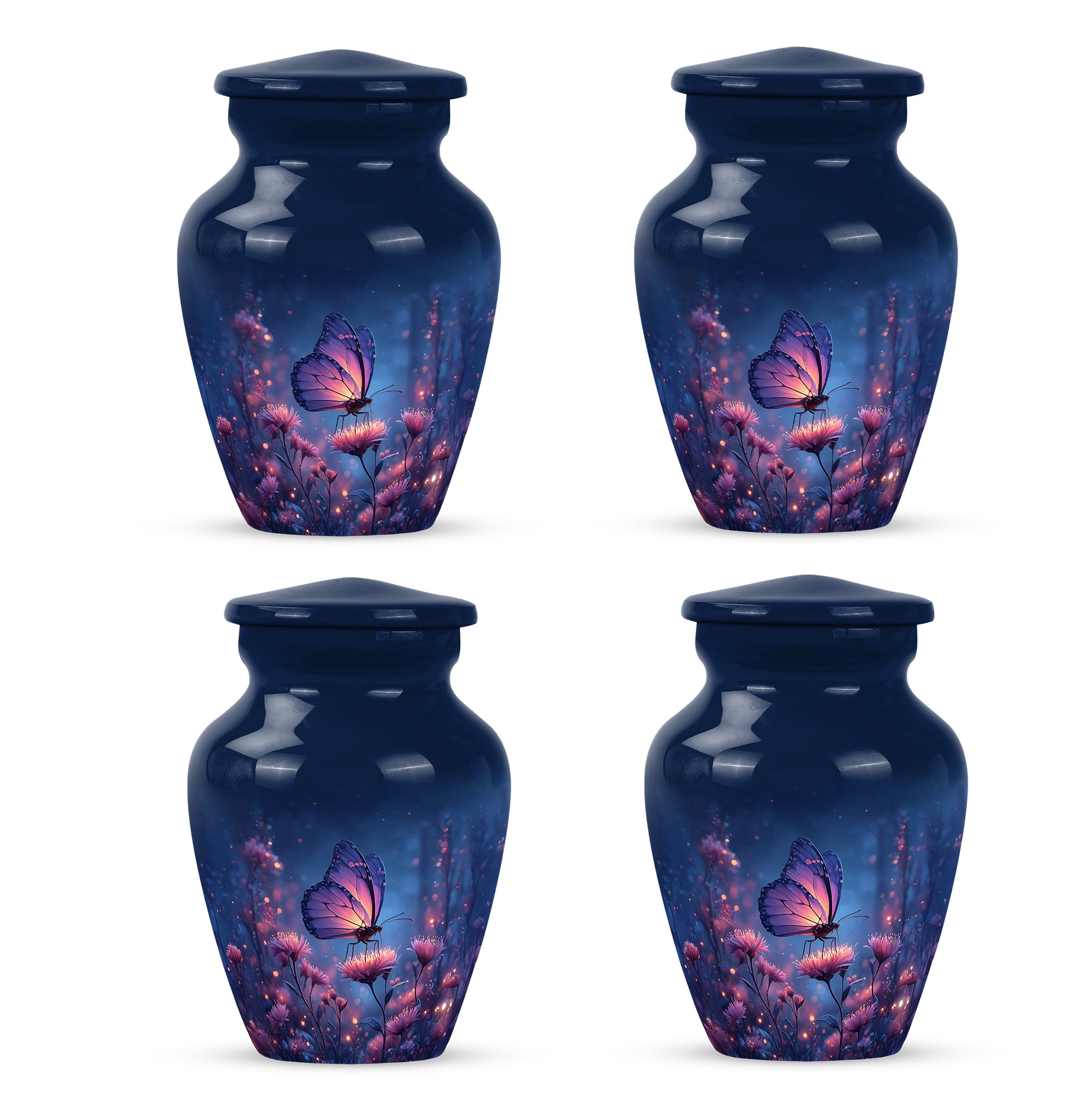 Cobalt Blue Butterfly Cremation Urn side profile showing urn shape - elegant classic butterfly relief with fine detailing - 10 inch aluminum urn for cremated remains