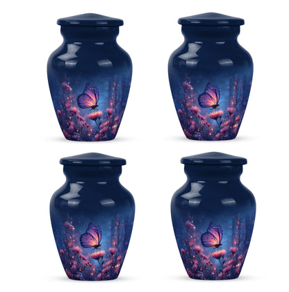 Cobalt Blue Butterfly Cremation Urn side profile showing urn shape - elegant classic butterfly relief with fine detailing - 10 inch aluminum urn for cremated remains