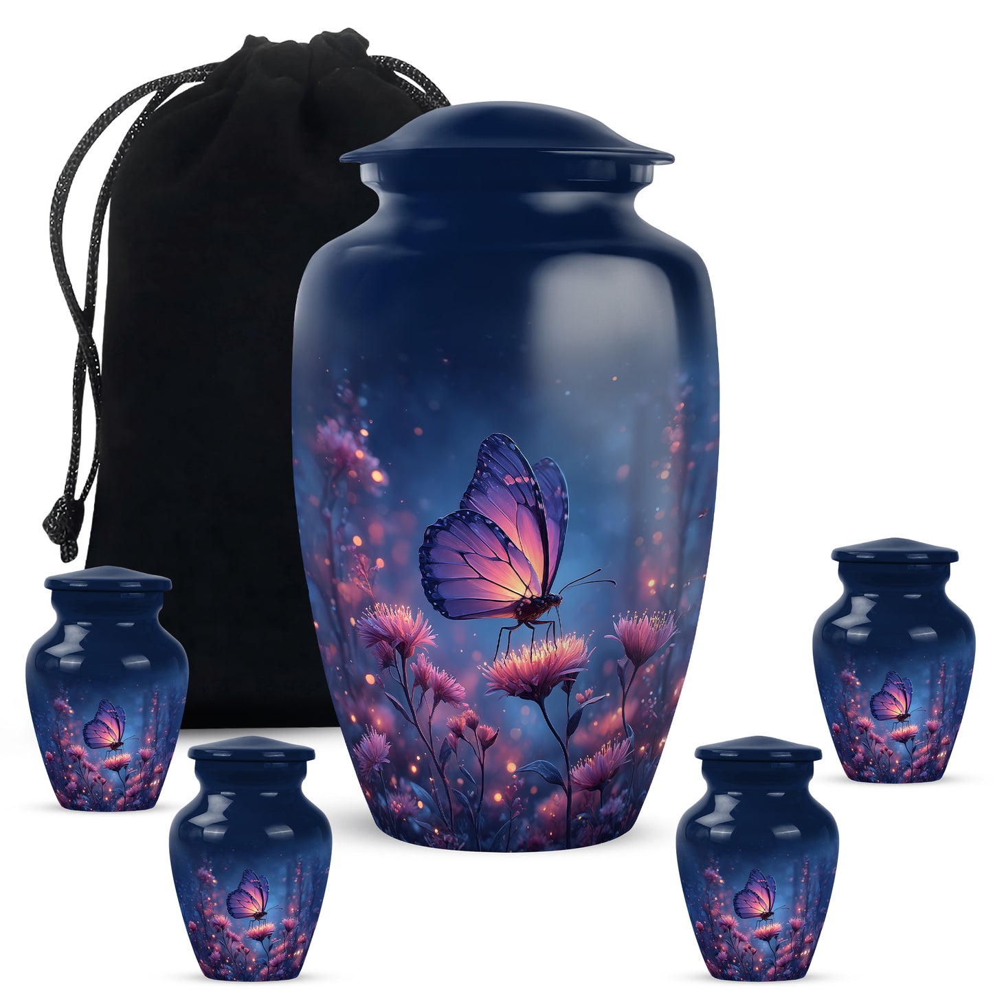 Sky Blue Butterfly Cremation Urn top-down view of secure threaded lid - classic sculpted butterfly pattern on smooth aluminum - memorial set with one large and four small urns