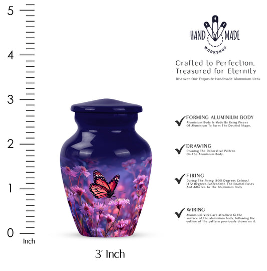 Azure Butterfly Cremation Urn close-up of engraving and surface detail - classic sculpted butterfly pattern on smooth aluminum - mini keepsake memorial for portion of cremation ashes