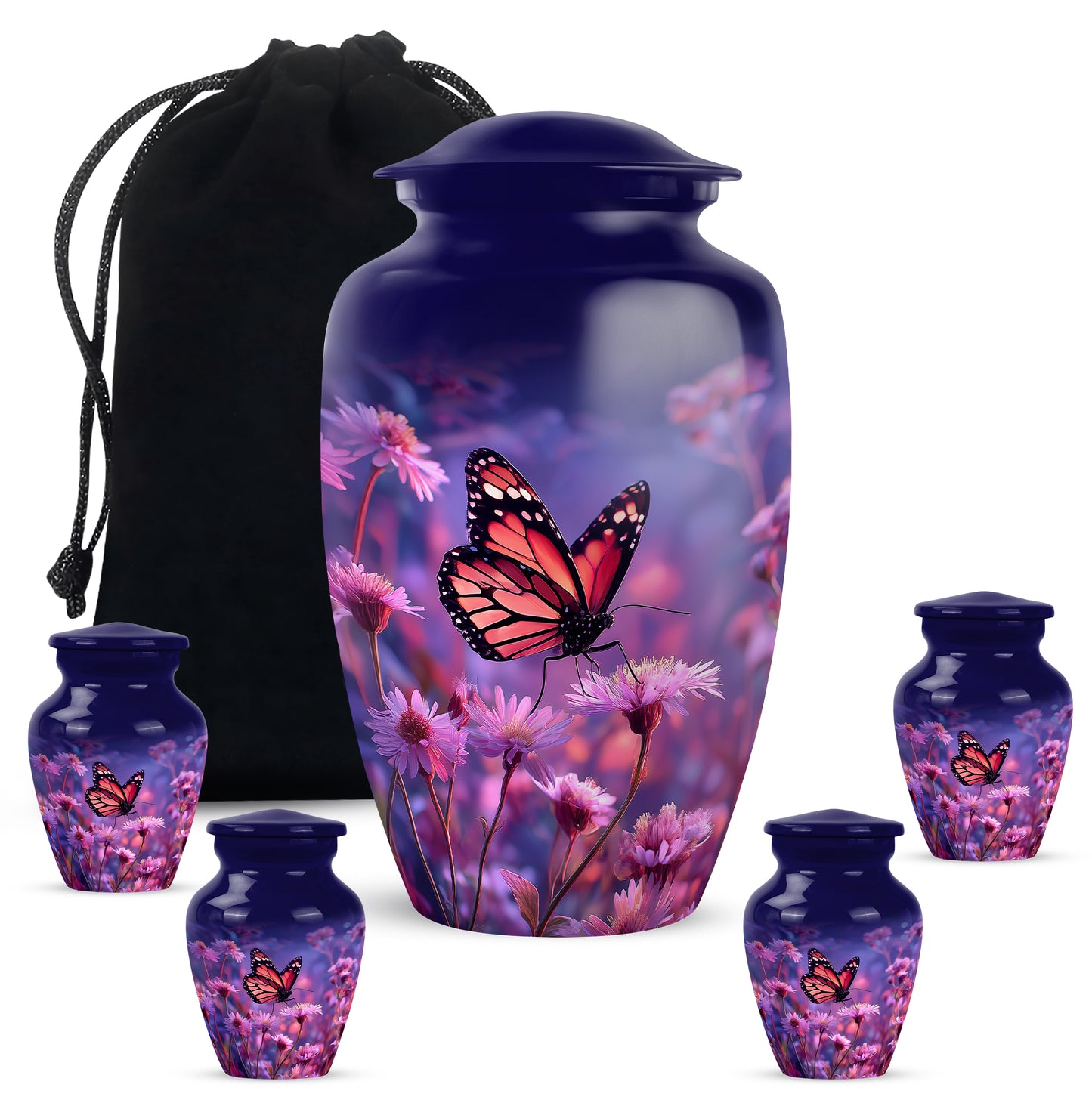 Icy Blue Butterfly Cremation Urn top-down view of secure threaded lid - classic sculpted butterfly pattern on smooth aluminum - memorial set with one large and four small urns