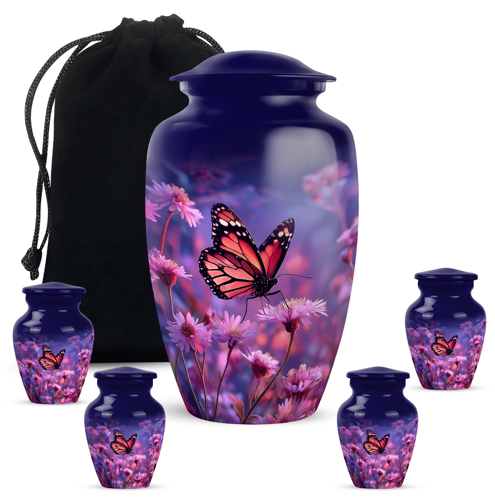 Icy Blue Butterfly Cremation Urn top-down view of secure threaded lid - classic sculpted butterfly pattern on smooth aluminum - memorial set with one large and four small urns