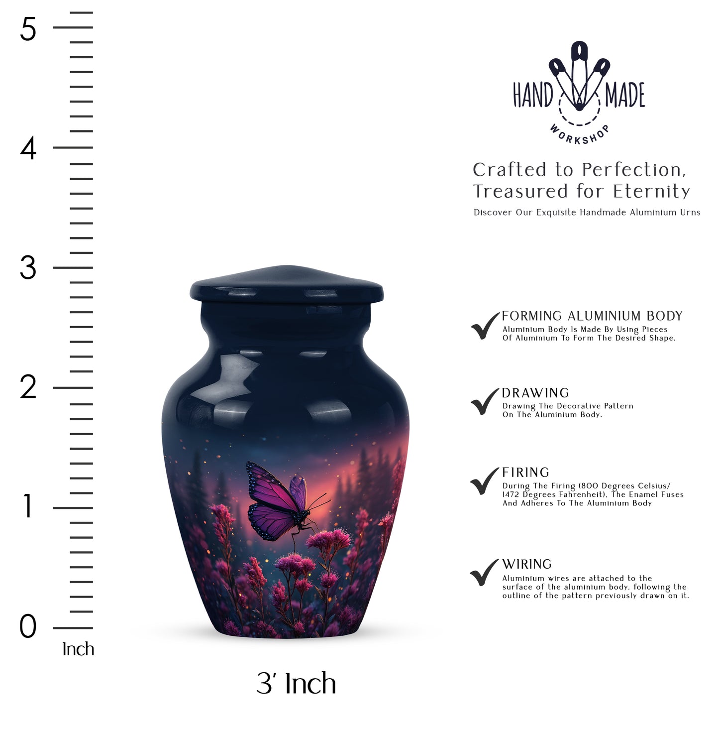 Azure Butterfly Cremation Urn close-up of engraving and surface detail - timeless butterfly motif etched into premium metal - mini keepsake memorial for portion of cremation ashes