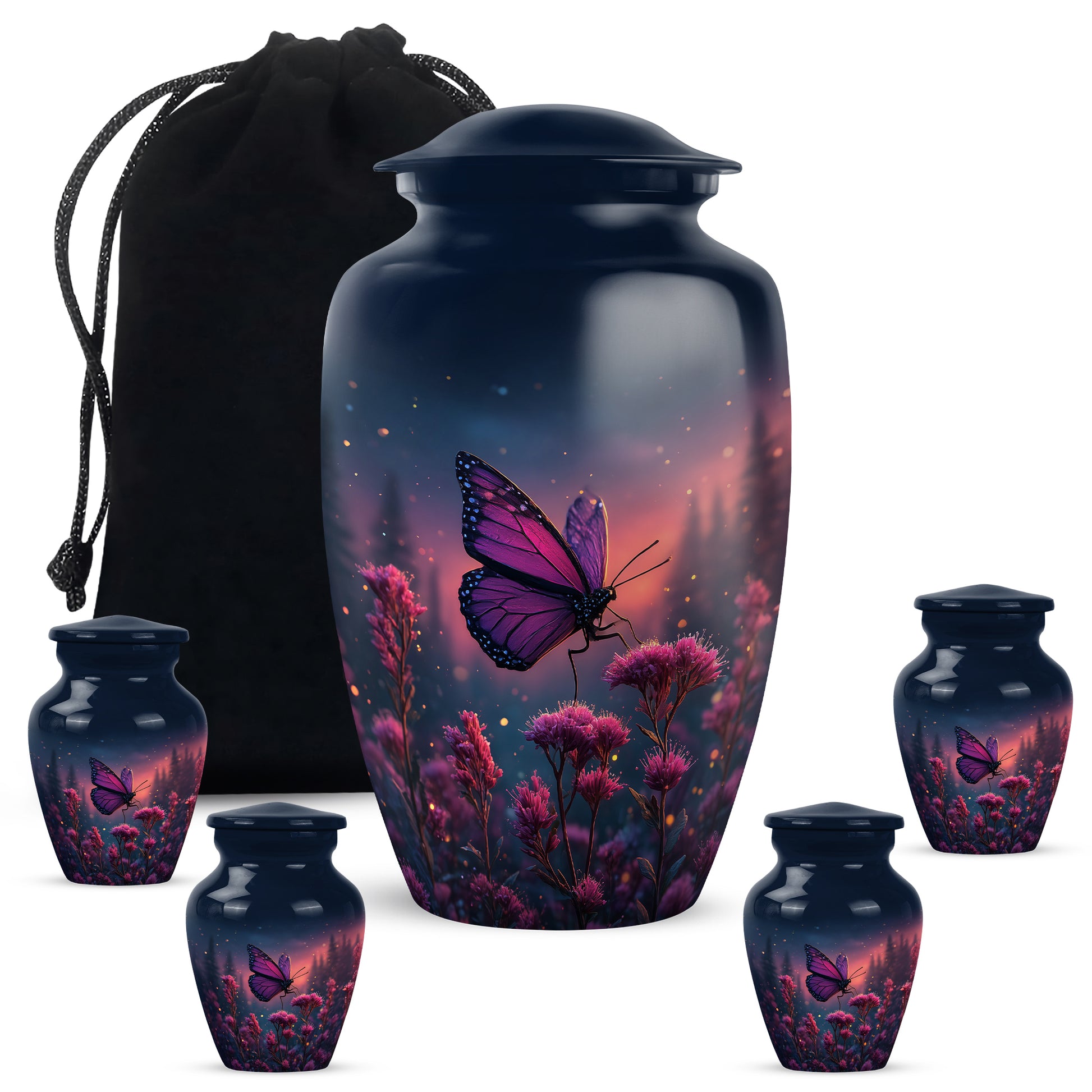 Misty Blue Butterfly Cremation Urn top-down view of secure threaded lid - classic sculpted butterfly pattern on smooth aluminum - memorial set with one large and four small urns