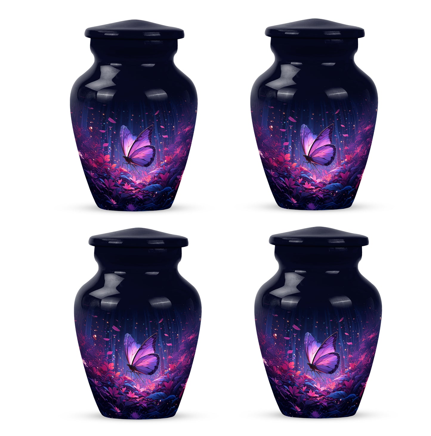 Sky Blue Butterfly Cremation Urn side profile showing urn shape - timeless butterfly motif etched into premium metal - 10 inch aluminum urn for cremated remains