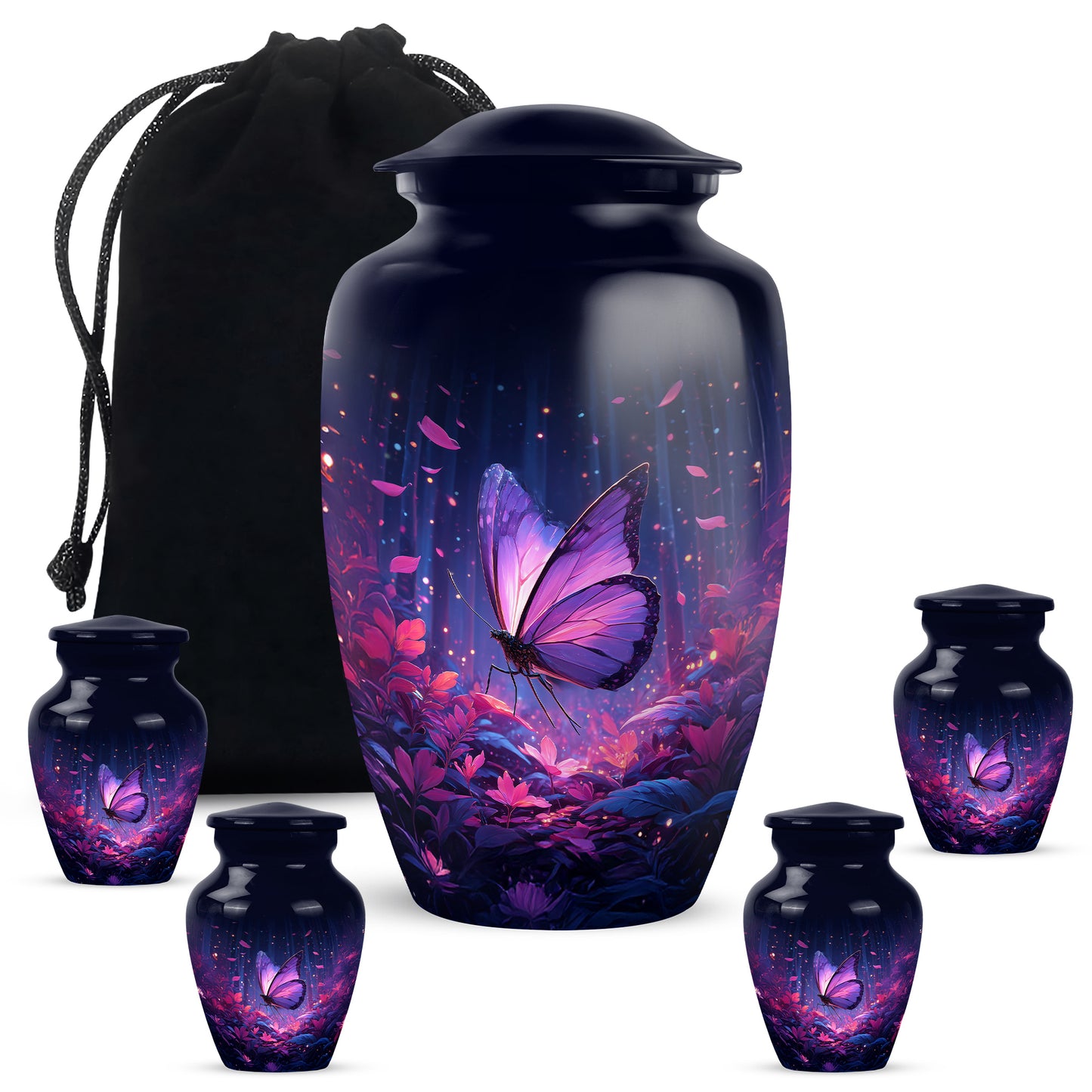 Misty Blue Butterfly Cremation Urn top-down view of secure threaded lid - timeless butterfly motif etched into premium metal - memorial set with one large and four small urns