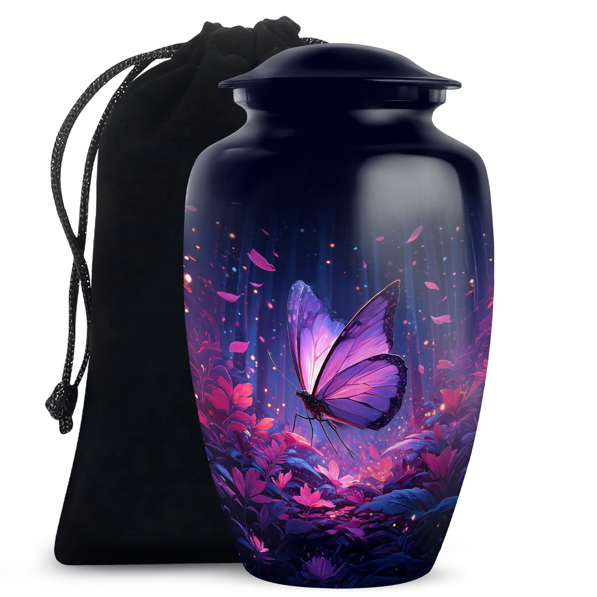 Dusty Blue Butterfly Cremation Urn angled view of lid and engraved motif - timeless butterfly motif etched into premium metal - full-size 10 inch 200 cubic inch adult cremation urn