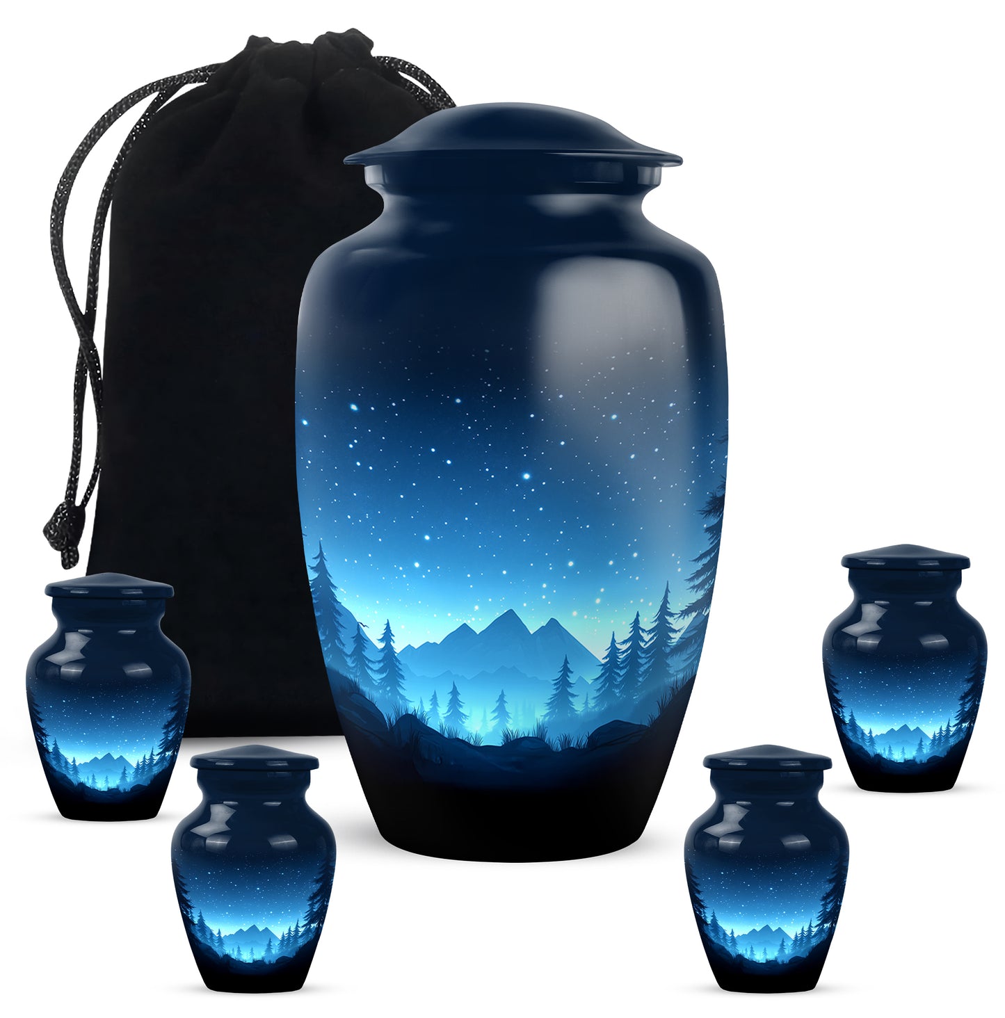 Celestial Blue Blue Cremation Urn top-down view of secure threaded lid - classic sculpted blue pattern on smooth aluminum - memorial set with one large and four small urns