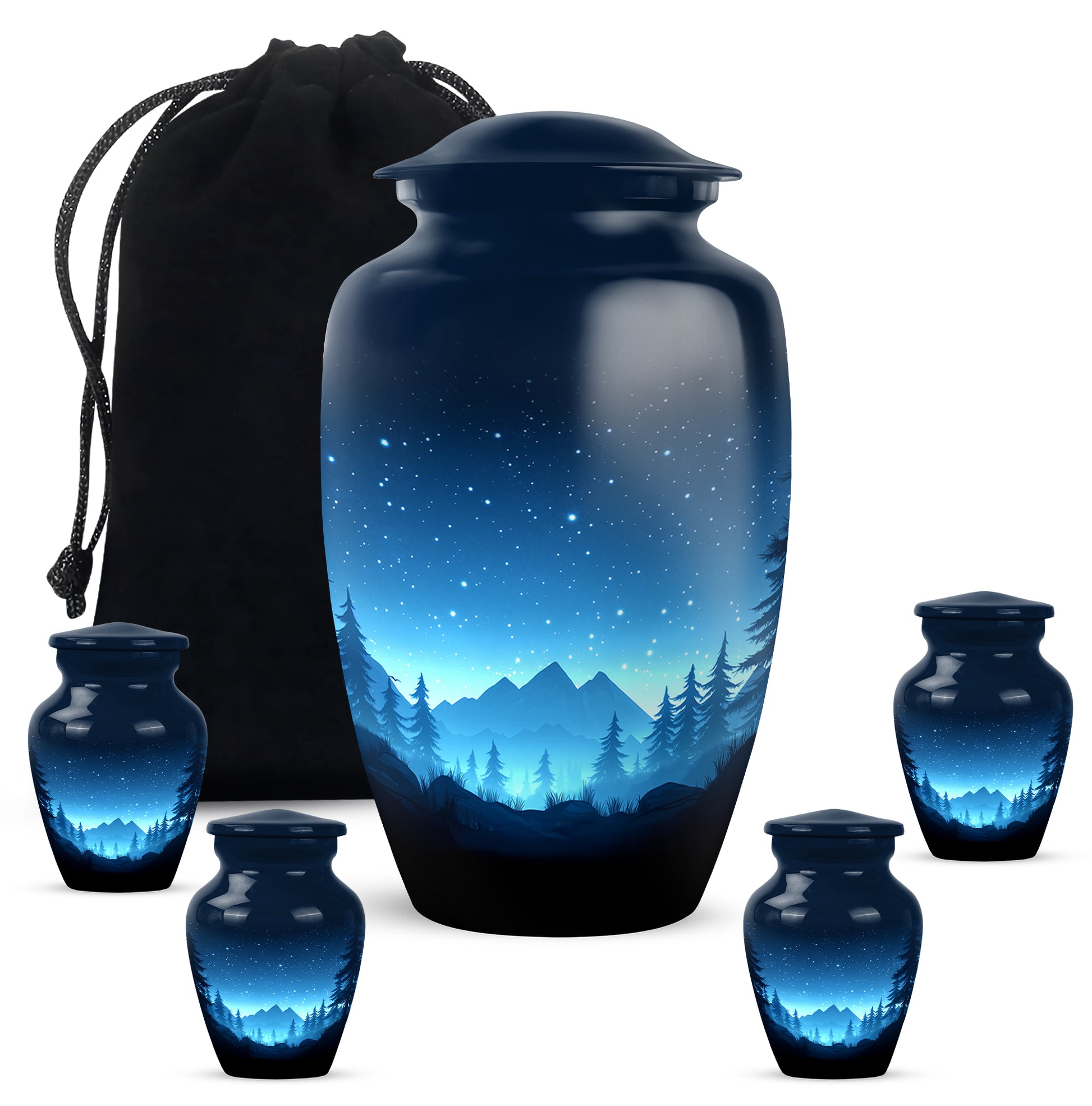 Celestial Blue Blue Cremation Urn top-down view of secure threaded lid - classic sculpted blue pattern on smooth aluminum - memorial set with one large and four small urns