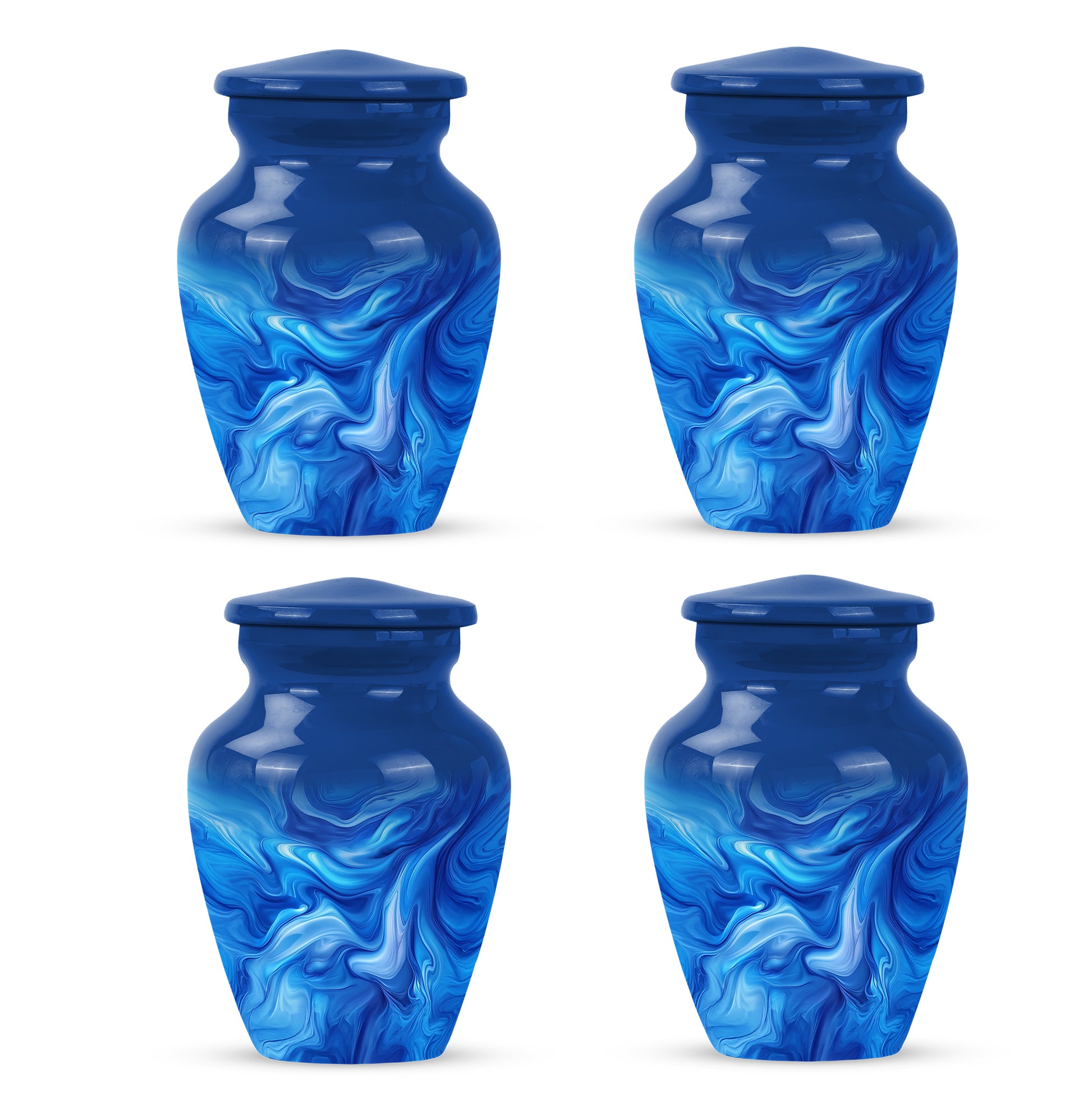 Pastel Blue Blue Cremation Urn side profile showing urn shape - timeless blue motif etched into premium metal - 10 inch aluminum urn for cremated remains
