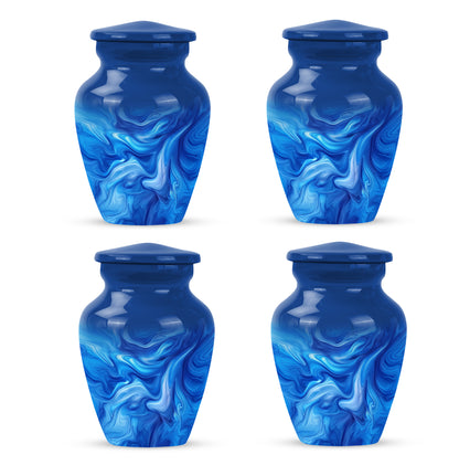 Pastel Blue Blue Cremation Urn side profile showing urn shape - timeless blue motif etched into premium metal - 10 inch aluminum urn for cremated remains