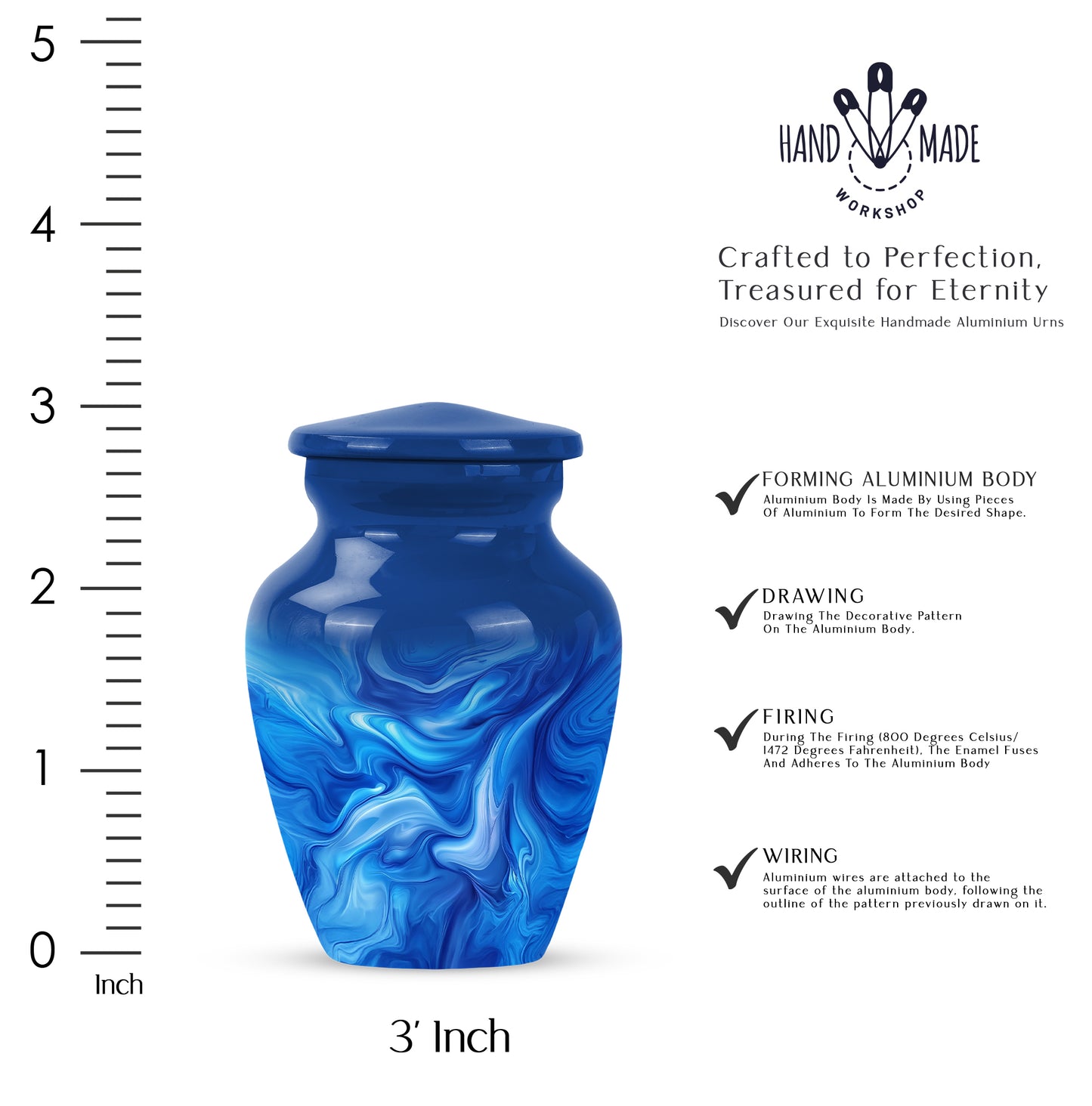 Pastel Blue Blue Cremation Urn close-up of engraving and surface detail - classic sculpted blue pattern on smooth aluminum - mini keepsake memorial for portion of cremation ashes