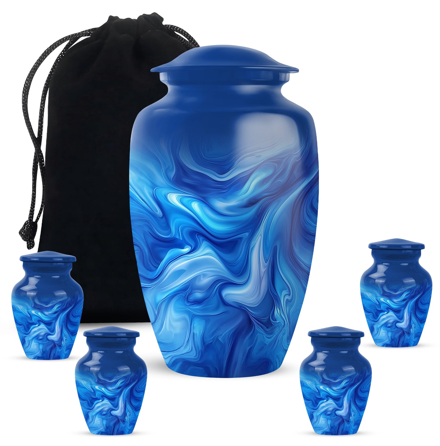 Indigo Blue Cremation Urn top-down view of secure threaded lid - classic sculpted blue pattern on smooth aluminum - memorial set with one large and four small urns