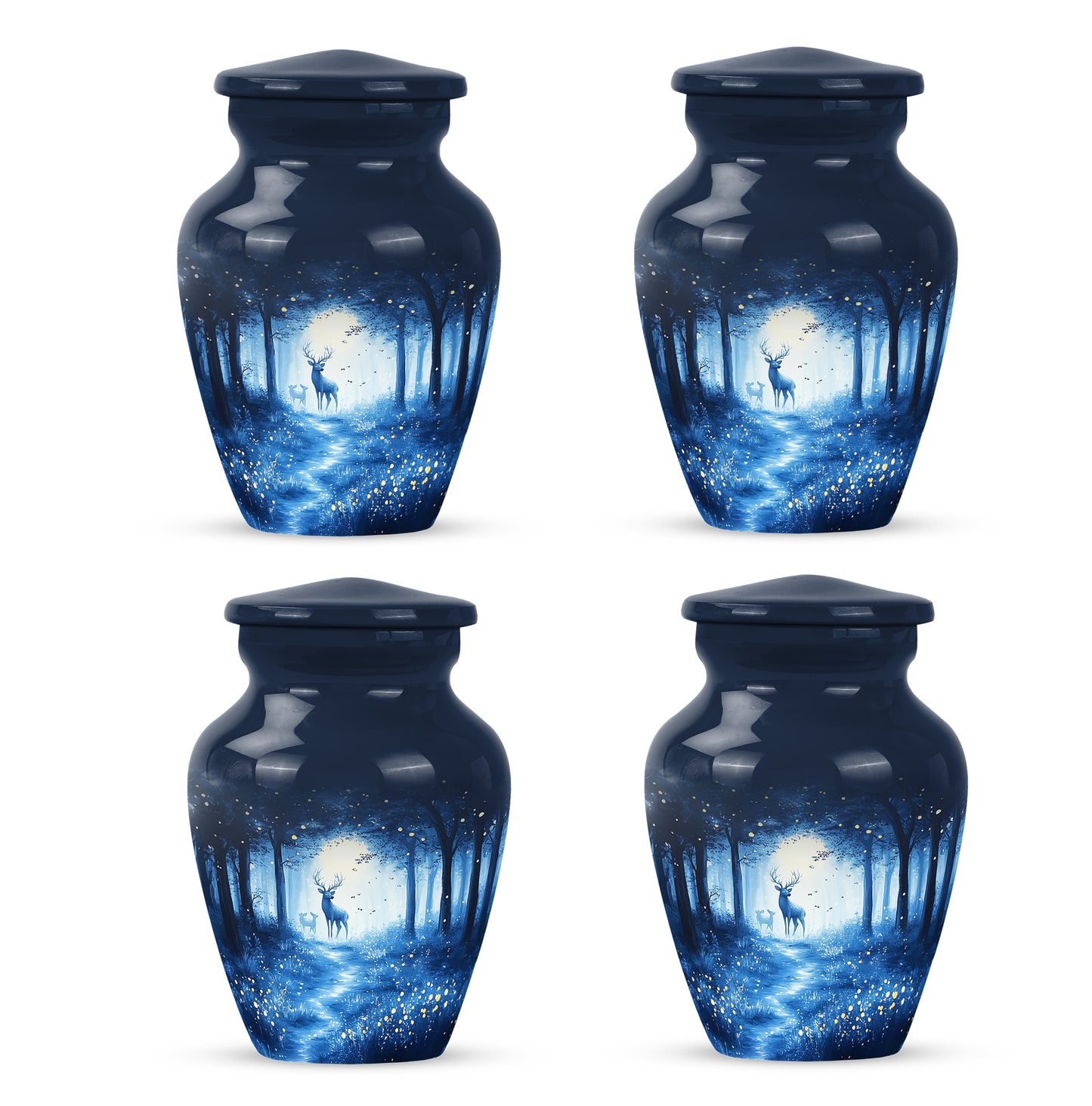 Indigo Blue Cremation Urn side profile showing urn shape - classic sculpted blue pattern on smooth aluminum - 10 inch aluminum urn for cremated remains