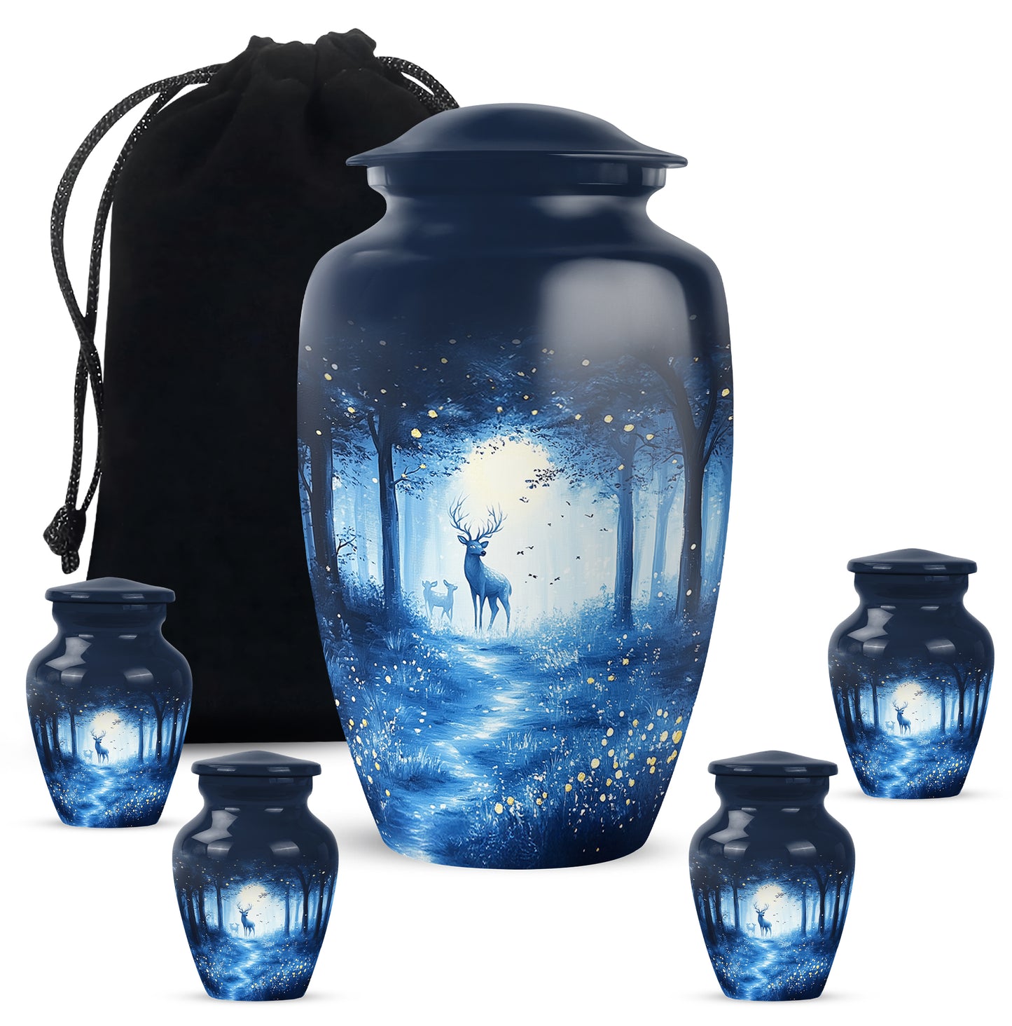 Cobalt Blue Blue Cremation Urn top-down view of secure threaded lid - traditional blue engraving with hand-polished finish - memorial set with one large and four small urns