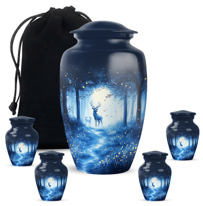 Cobalt Blue Blue Cremation Urn top-down view of secure threaded lid - traditional blue engraving with hand-polished finish - memorial set with one large and four small urns