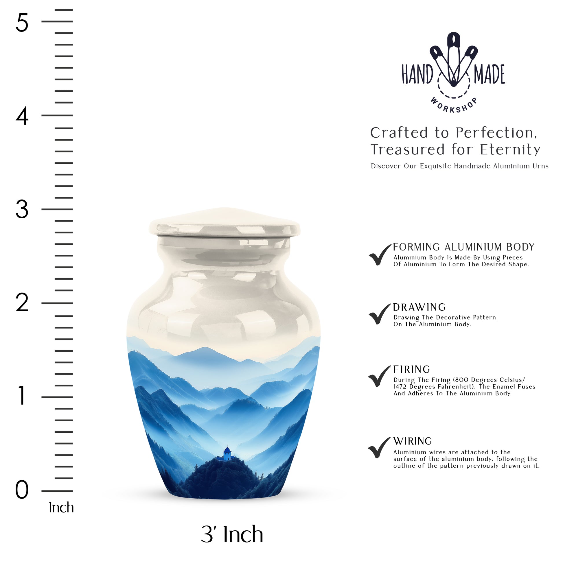Gleaming Silver Blue Cremation Urn close-up of engraving and surface detail - classic sculpted blue pattern on smooth aluminum - mini keepsake memorial for portion of cremation ashes