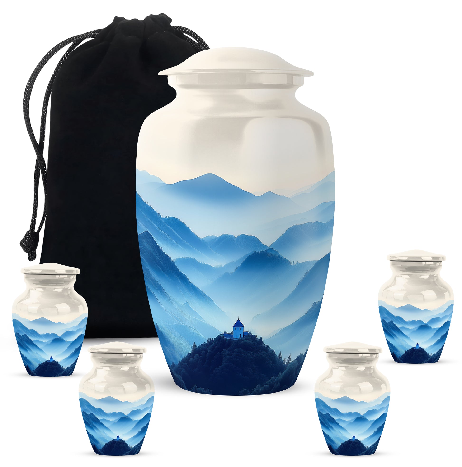 Platinum Silver Blue Cremation Urn top-down view of secure threaded lid - timeless blue motif etched into premium metal - memorial set with one large and four small urns