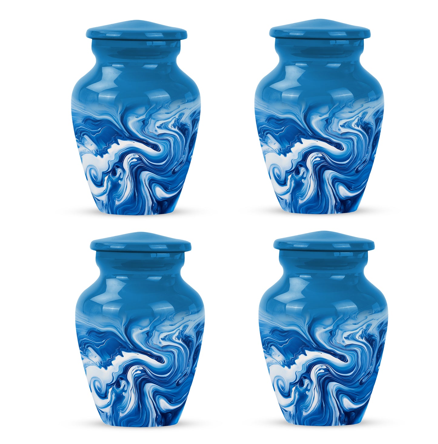 Royal Blue Blue Cremation Urn side profile showing urn shape - elegant classic blue relief with fine detailing - 10 inch aluminum urn for cremated remains
