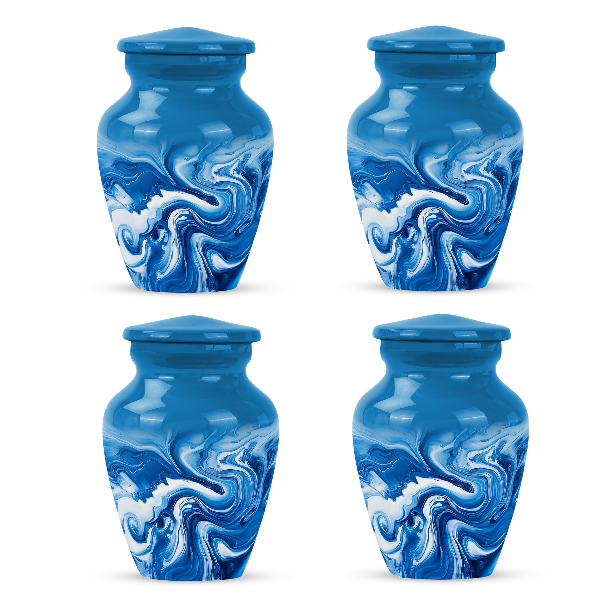 Royal Blue Blue Cremation Urn side profile showing urn shape - elegant classic blue relief with fine detailing - 10 inch aluminum urn for cremated remains